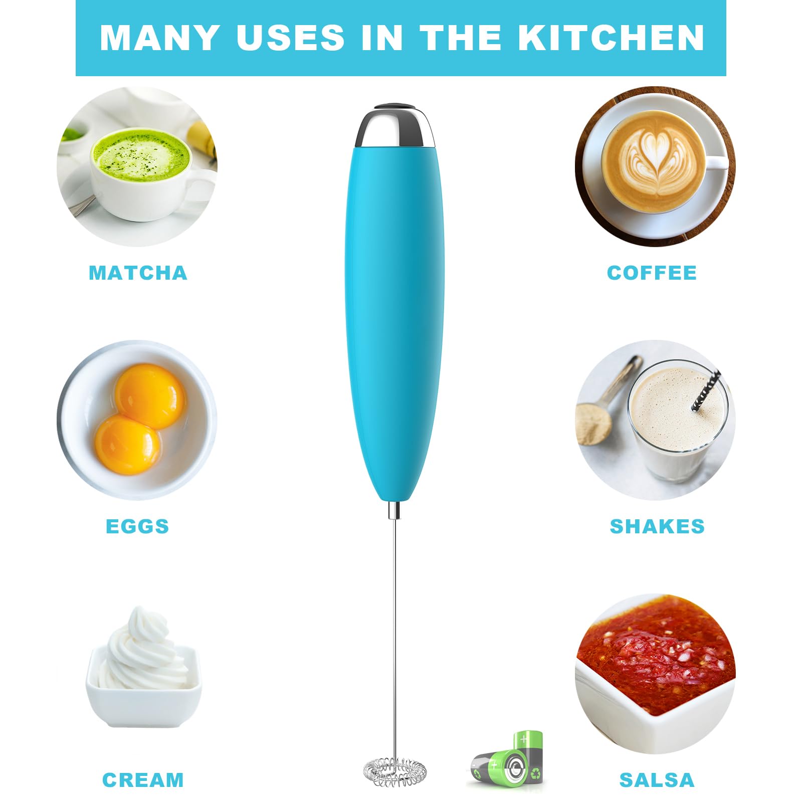 Upgraded Electric Milk Frother - Durable, Low Noise Mini Drink Mixer for Coffee, Latte & Cold Milk - Portable Foam Maker for Bulletproof Coffee & Hot Chocolate (Blue) | Perfect for Home, Office & Travel Use
