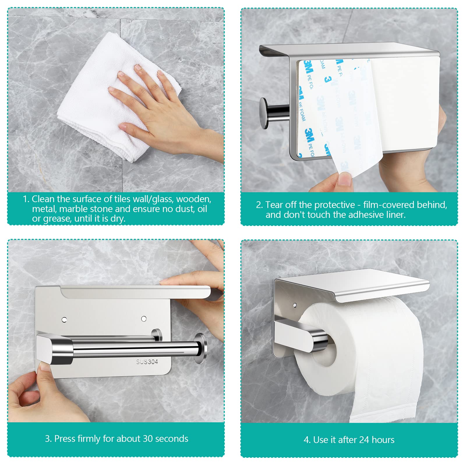 Self-Adhesive or Screw Mount Stainless Steel Toilet Paper Holder with Phone Shelf - SUS 304 Wall-Mounted Bathroom Tissue Roll Dispenser - Durable Shiny Finish for Home, Office & RV Use