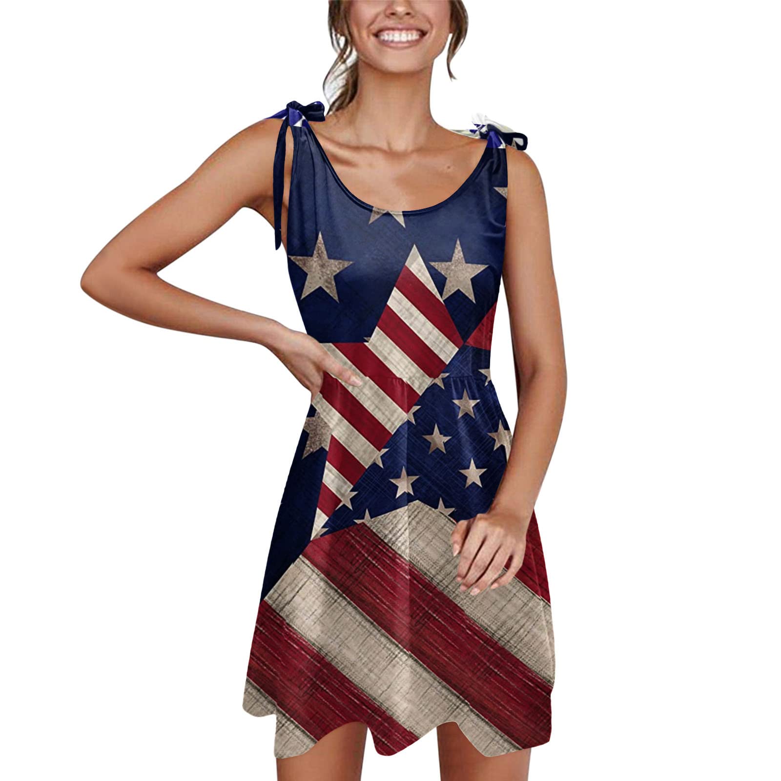 Women's Summer Shoulder Tie Strap Babydoll Dress - Casual Scoop Neck A-Line Skater Swing Mini Sun Dress for Beach, Party & Vacation