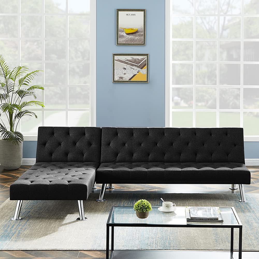 Convertible Sectional Sofa Bed with Recliner - Modern Sleeper Couch for Living Room, Black - Perfect for Small Spaces, Guest Rooms & Apartments