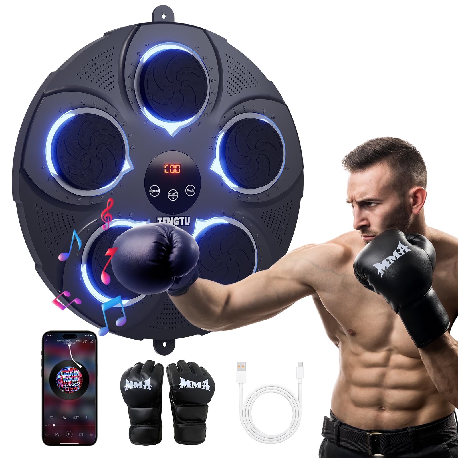 Rechargeable Bluetooth Musical Boxing Machine - Smart Punching Bag for Men & Women, Boxing Training Equipment with Gloves - Stress Relief, Home Gym & Fitness Workout