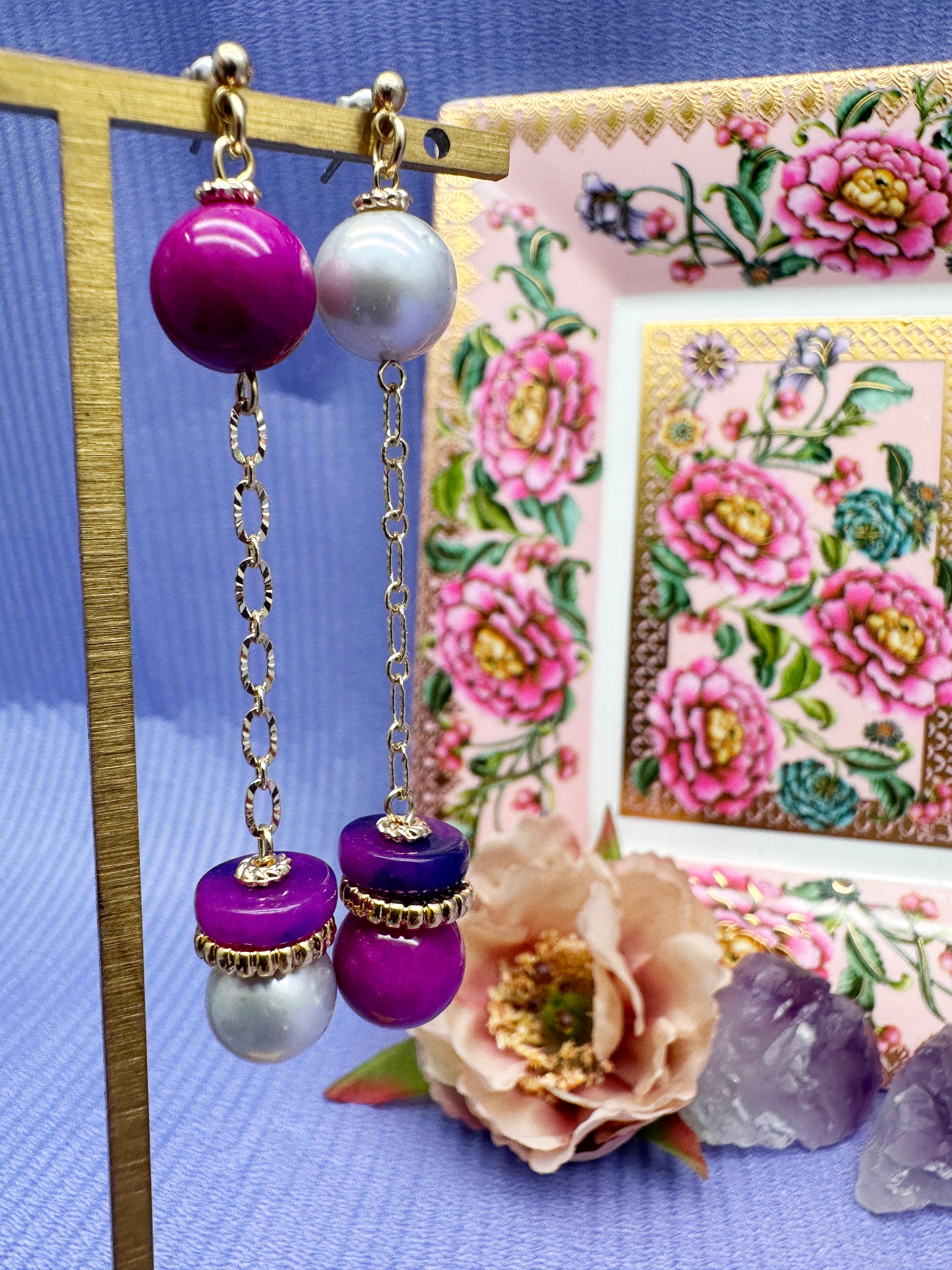 Elegant Gray Freshwater Pearl & Magenta Gemstone Dangle Earrings LE008 | Perfect for Weddings, Parties & Special Occasions