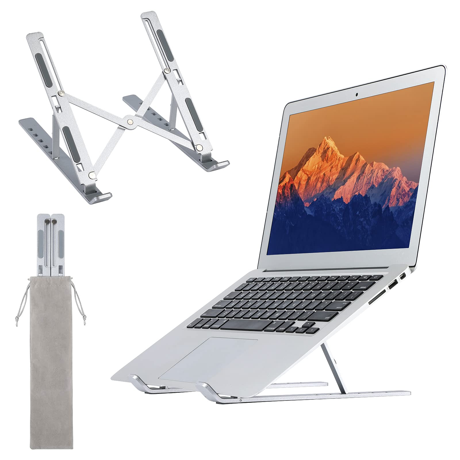 Adjustable Aluminum Laptop Stand - 6 Angle Ergonomic Foldable Computer Riser for Notebooks (10-21 inches), Portable Silver Desktop Holder for Home, Office & Travel Use