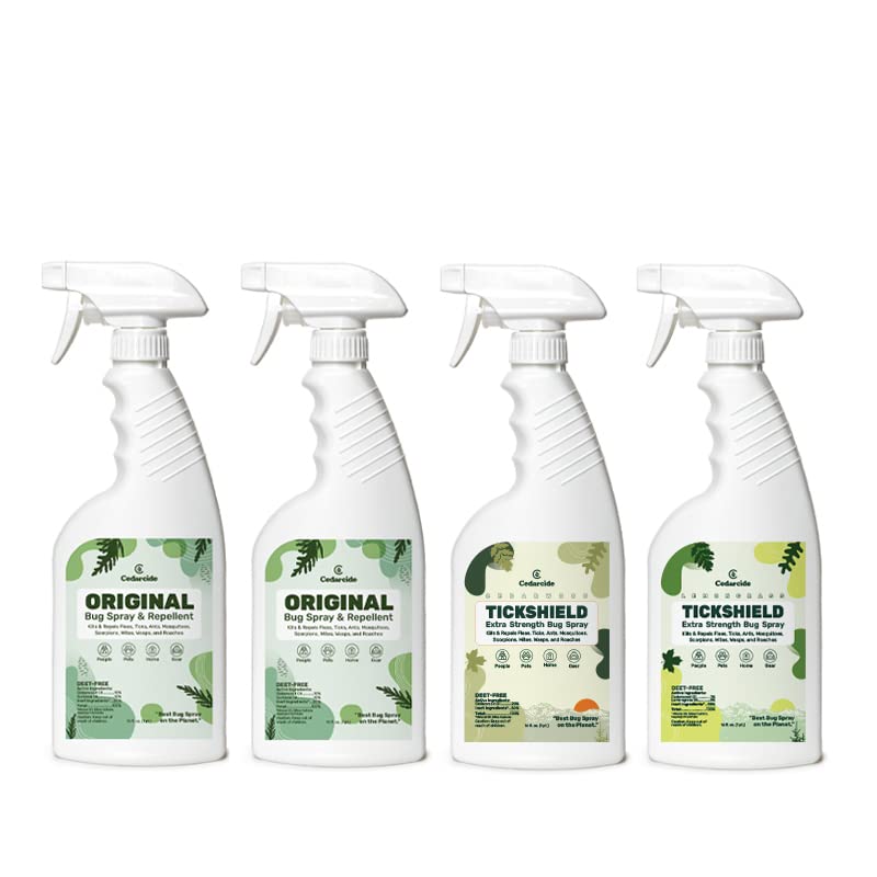 Cedarcide Original & Tickshield Family Pack - Natural Cedar & Lemongrass Oil Bug Spray for Flea & Tick Control | Eco-Friendly, Non-Toxic Insect Repellent for Dogs, Cats & Home | 4-Pack 16oz Bottles | Perfect for Outdoor Activities, Camping & Pet Protection