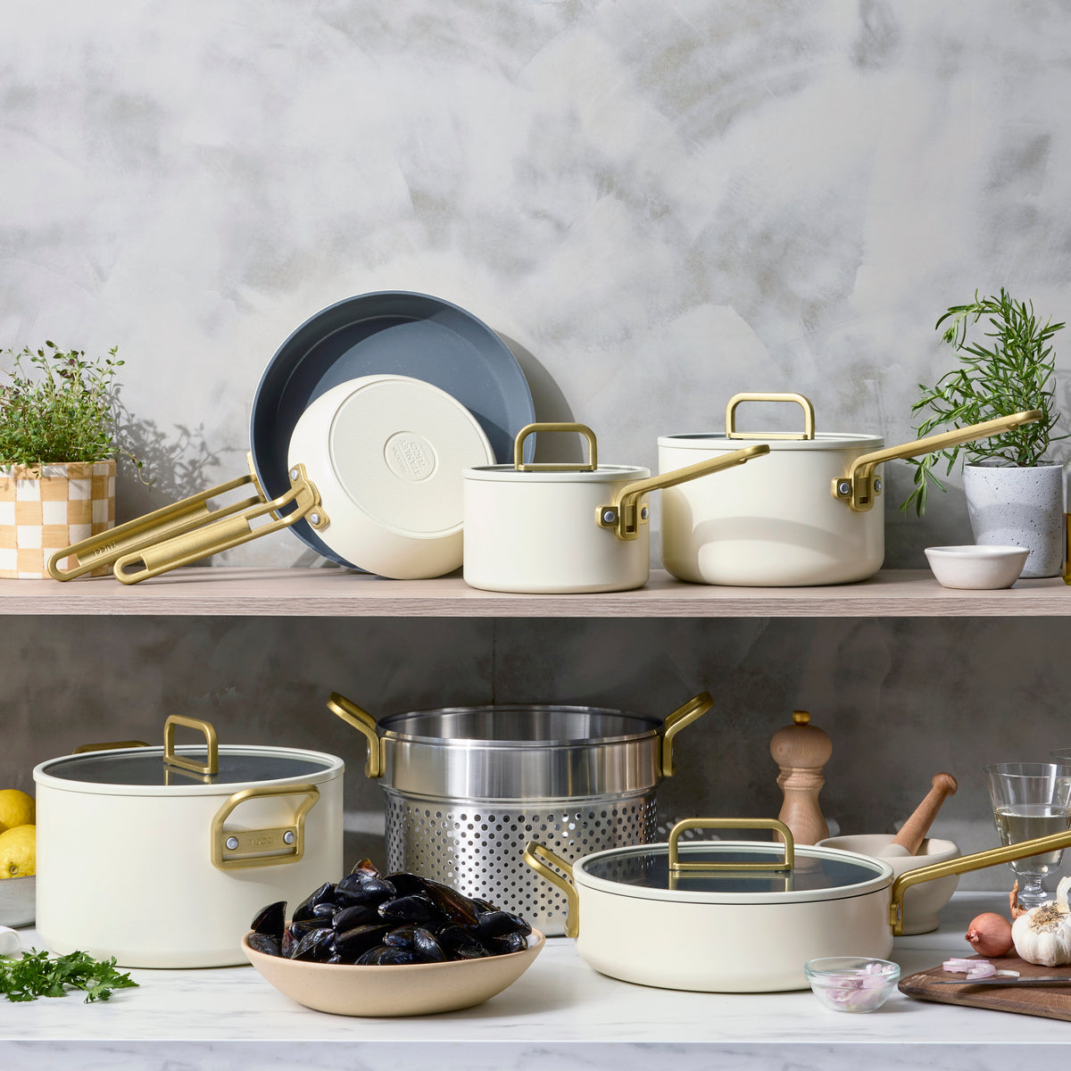Stanley Tucci™ Ceramic Nonstick 4-Piece Cookware Set with Free Cookbook | Carrara White | Perfect for Home Cooking, Gifts & Professional Chefs
