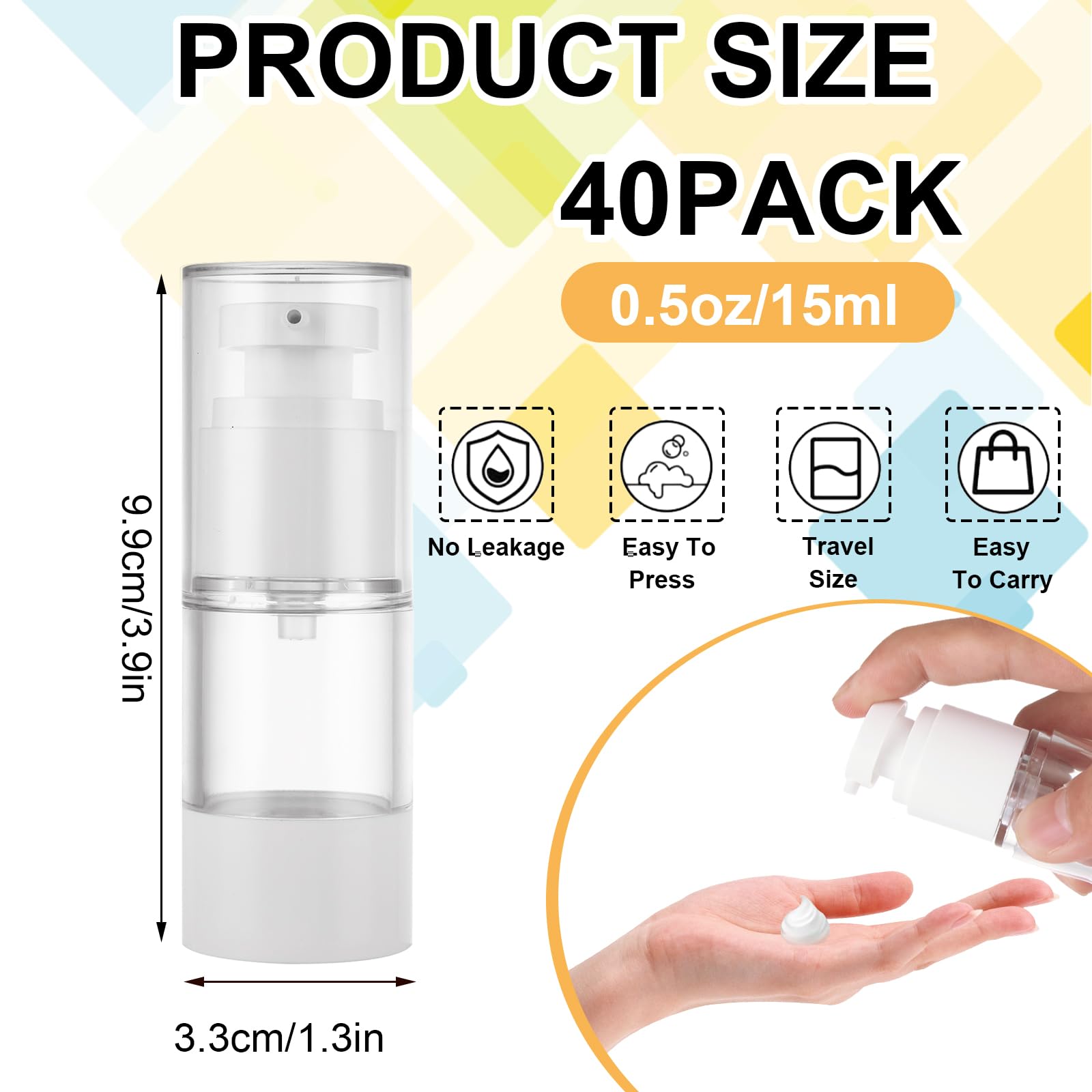 40 PCS 0.5 Oz 15ml Airless Pump Bottles - Travel Size Empty Cosmetic Containers for Lotion, Foundation, Moisturizer & Shampoo | Refillable Leak-Proof Toiletry Dispensers | Perfect for Travel, Gym & Home Use