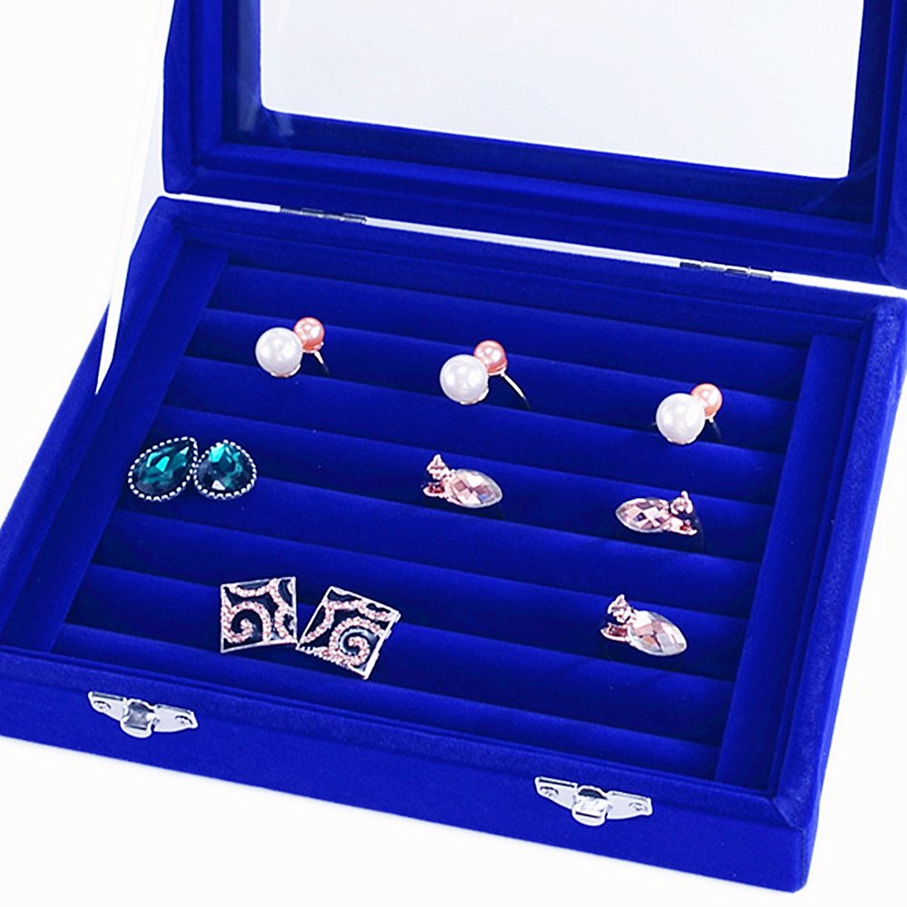 Velvet Jewelry Display Box - Glass Top Ring Earrings Organizer with 2 Clasps - Perfect for Jewelry Storage, Showcase & Travel Accessories