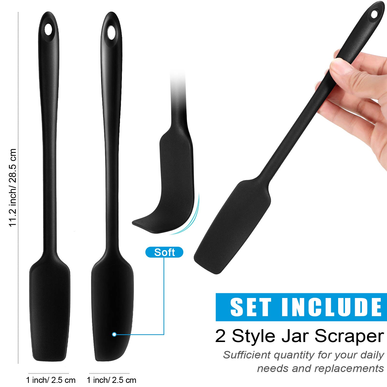 2-Pack Long Handle Silicone Jar Spatulas - Non-Stick Rubber Scrapers with Heat-Resistant Design for Smoothies, Baking & Cooking - Perfect for Jars, Blenders, Mixing Bowls & Food Prep (Black)