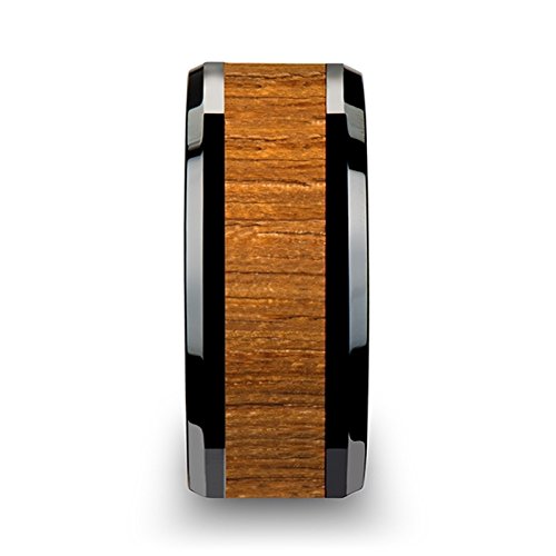 Genuine Koa Wood & Black Ceramic Men's Wedding Band - 12mm Wide Beveled Edge Ring for Him, Handcrafted Hawaiian Acacia Wood Inlay - Perfect for Anniversaries, Engagements & Special Occasions