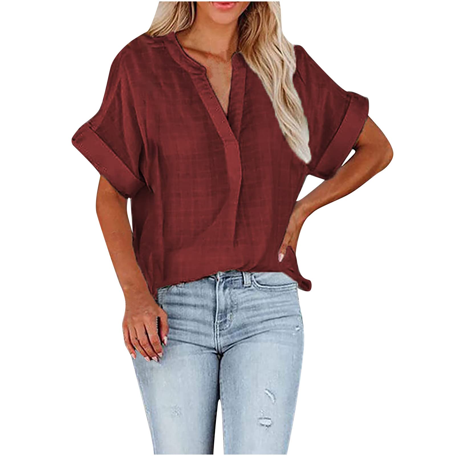Trendy Women's Summer Short Sleeve V-Neck Casual Blouse - Breathable Solid Color T-Shirt for Ladies | Perfect for Beach Outings, Office Wear & Daily Fashion