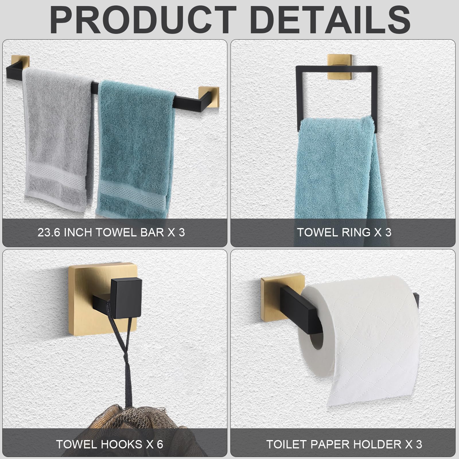 Gisafai 15-Piece Bathroom Hardware Set - 23.6 Inch Stainless Steel Towel Bar, Hooks, Toilet Paper Holder - Wall Mounted Black Gold Finish for Modern Bathroom & Spa Decor
