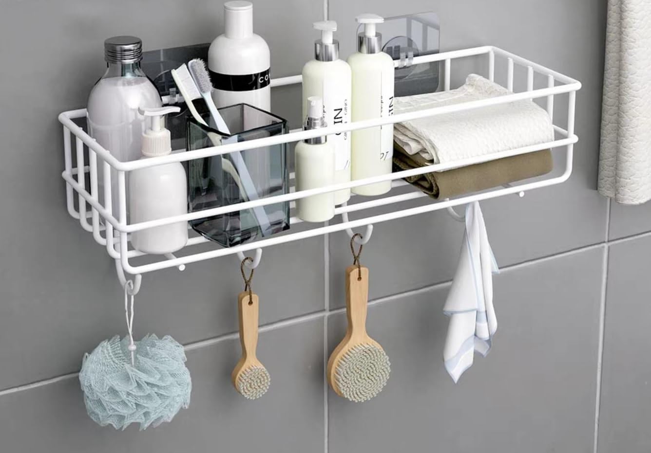 Oslen Self-Adhesive Multipurpose Bathroom Shelf Organizer - Wall Mounted Storage Rack for Bathroom Accessories - White Bathroom Shelves for Home Organization - Perfect for Shower, Toiletries and Towel Storage