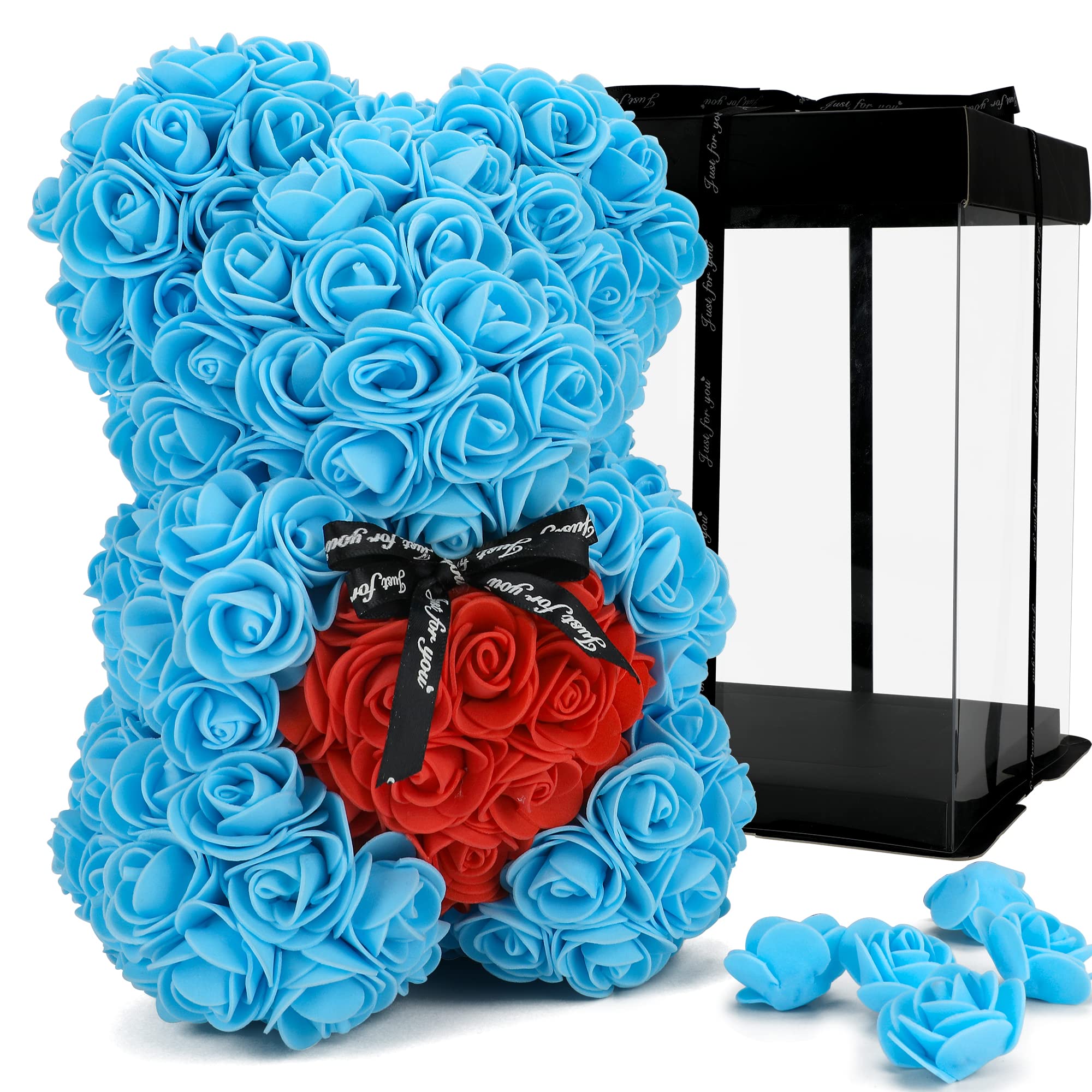 Handmade Rose Teddy Bear - ROSEFFY Blue 10-inch Rose Bear Gift for Valentine's Day, Birthday, Mother's Day & Anniversaries | Unique Floral Gift for Women, Girlfriend & Mom | Perfect Romantic Gift for Wedding, Proposal & Special Occasions