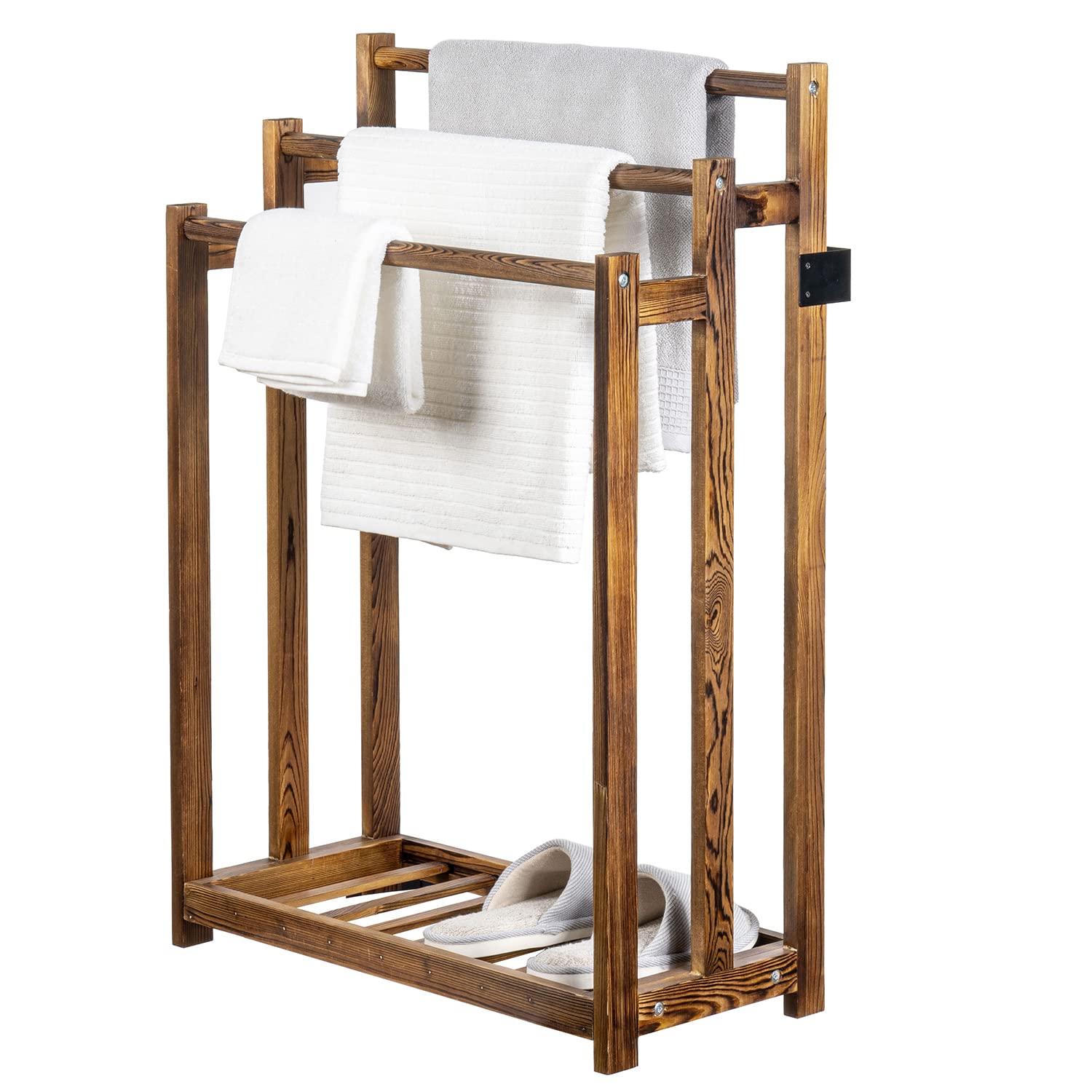 MyGift 3-Tier Freestanding Bathroom Towel Rack - Rustic Dark Brown Wooden Towel Holder with Storage Shelf | Space-Saving Drying Stand for Bath Towels, Robes & Linens | Perfect for Small Bathrooms, Laundry Rooms & Spa Areas