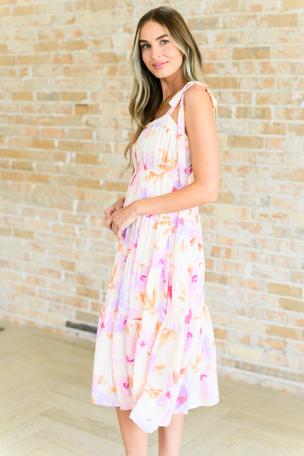Pastel Floral Midi Dress for Women - Soft Pink Flowy Summer Dress with Ruffles, Casual Boho Chic Dress for Beach, Wedding & Date Night