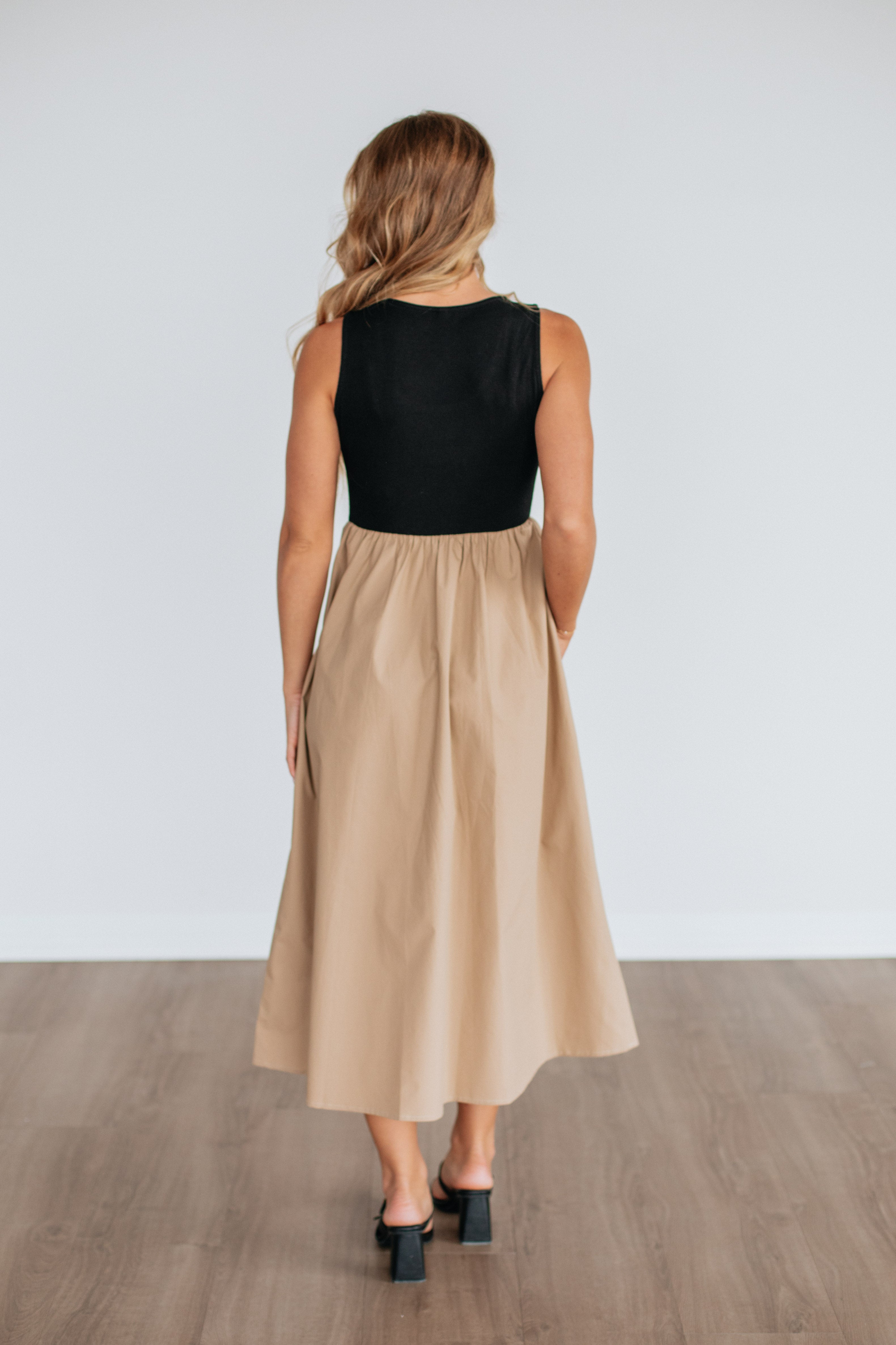 Enrica Contrast Dress in Camel Mix - Elegant Women's Fashion for Parties, Dates & Special Occasions