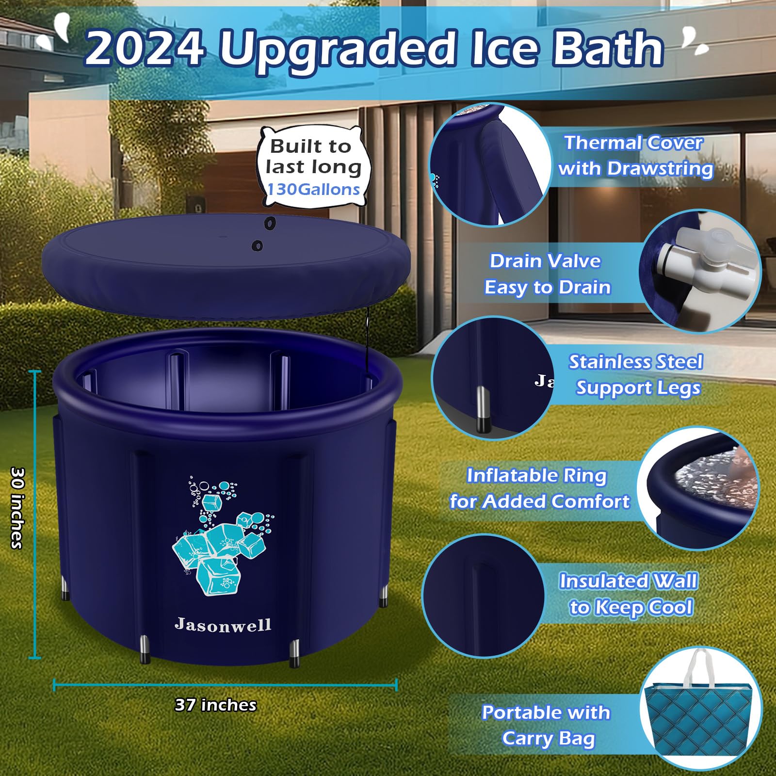 Jasonwell Portable Ice Bath Tub for Athletes - Heavy Duty Cold Water Therapy Plunge Tub for Muscle Recovery, Inflatable Ice Barrel for Outdoor & Home Use - Perfect for Post-Workout Recovery, Sports Therapy, and Hydrotherapy Sessions