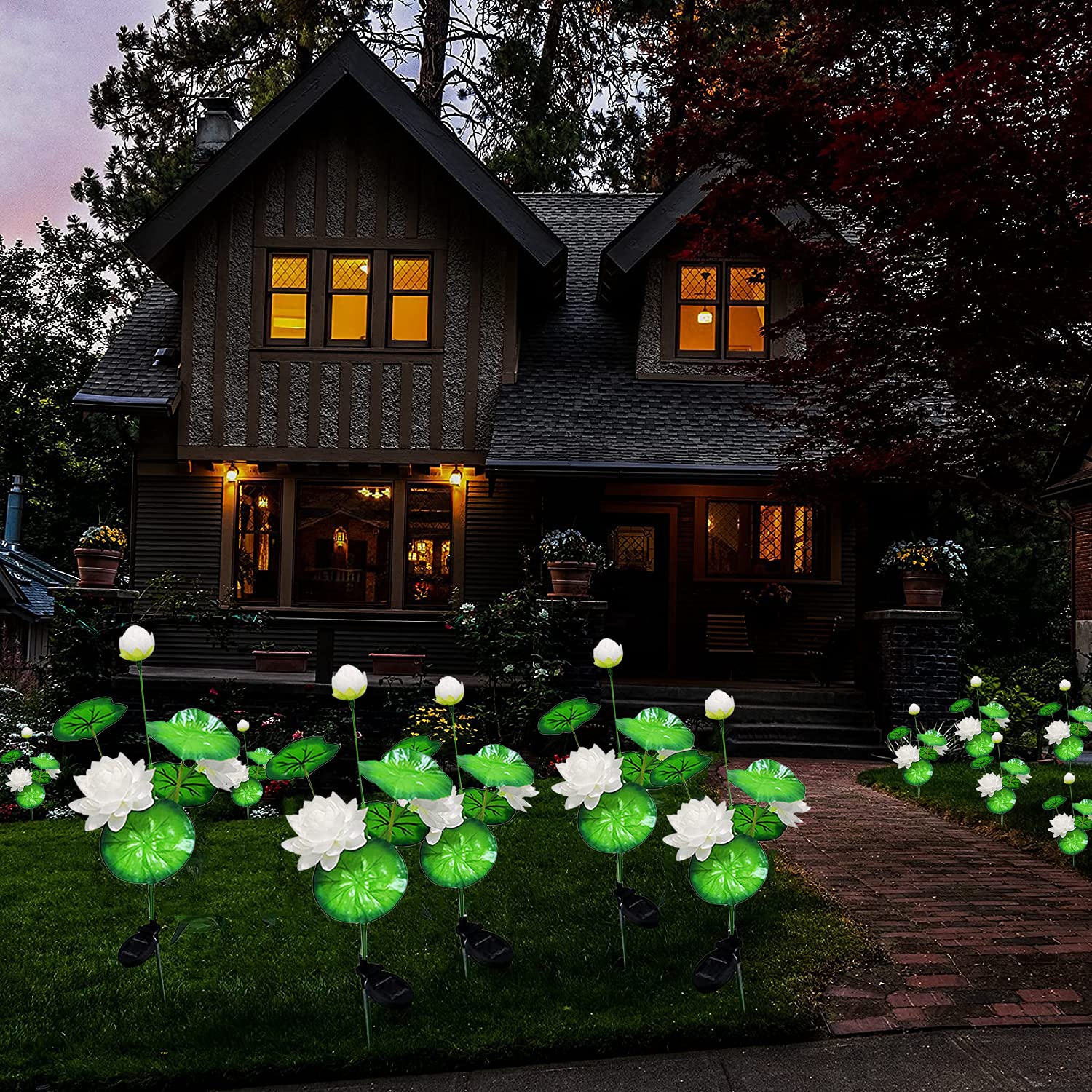 Solar Powered Lotus Flower Garden Lights - 2 Pack Waterproof Outdoor Solar Stake Lights for Yard, Patio, Lawn & Pathway Decoration | Landscape Lighting for Evening Ambience & Garden Parties (White)