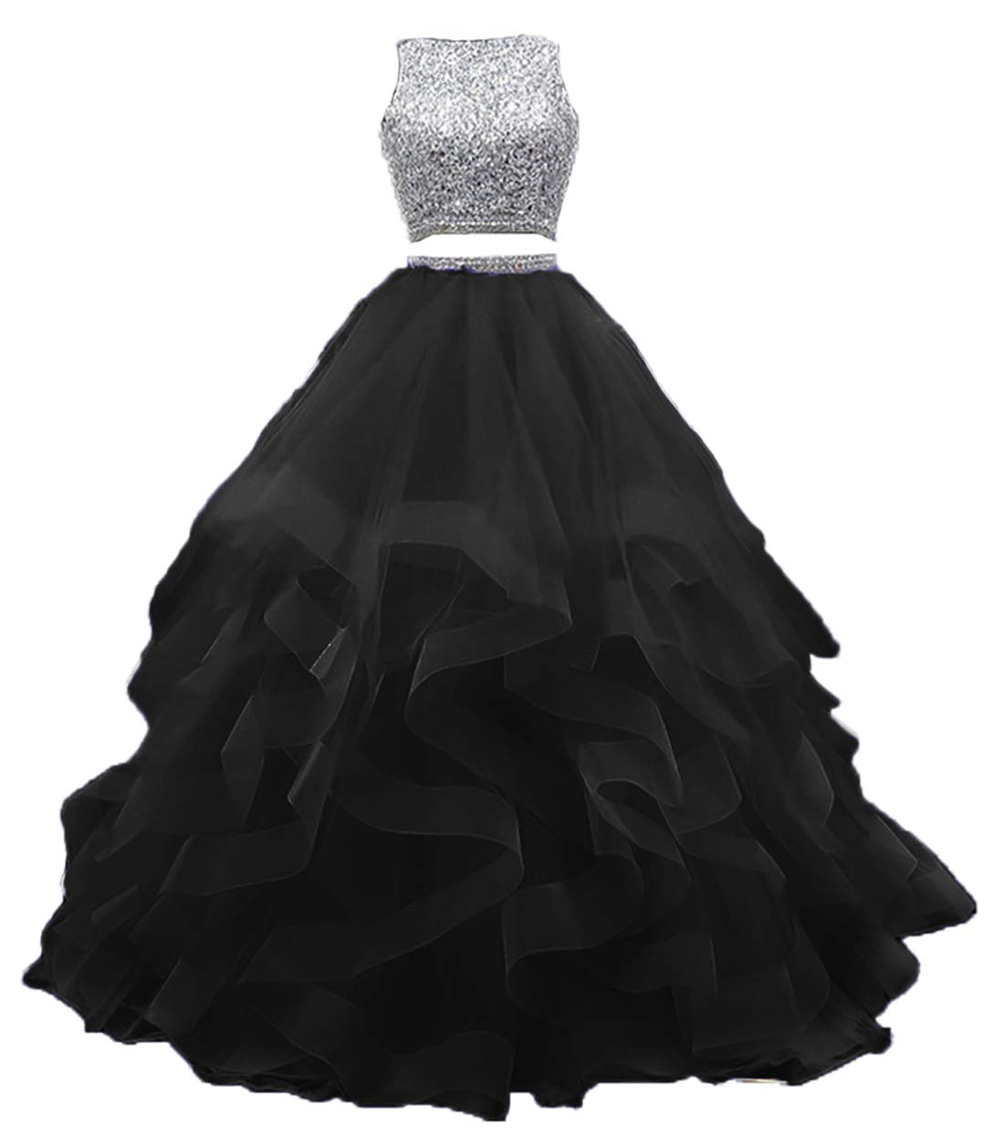 KaBuNi 2 Piece Prom Dress Long Beaded Quinceanera Gown - Elegant Layered Ruffle Tulle Sweet 16 Ball Gown for Homecoming, Wedding, and Formal Events