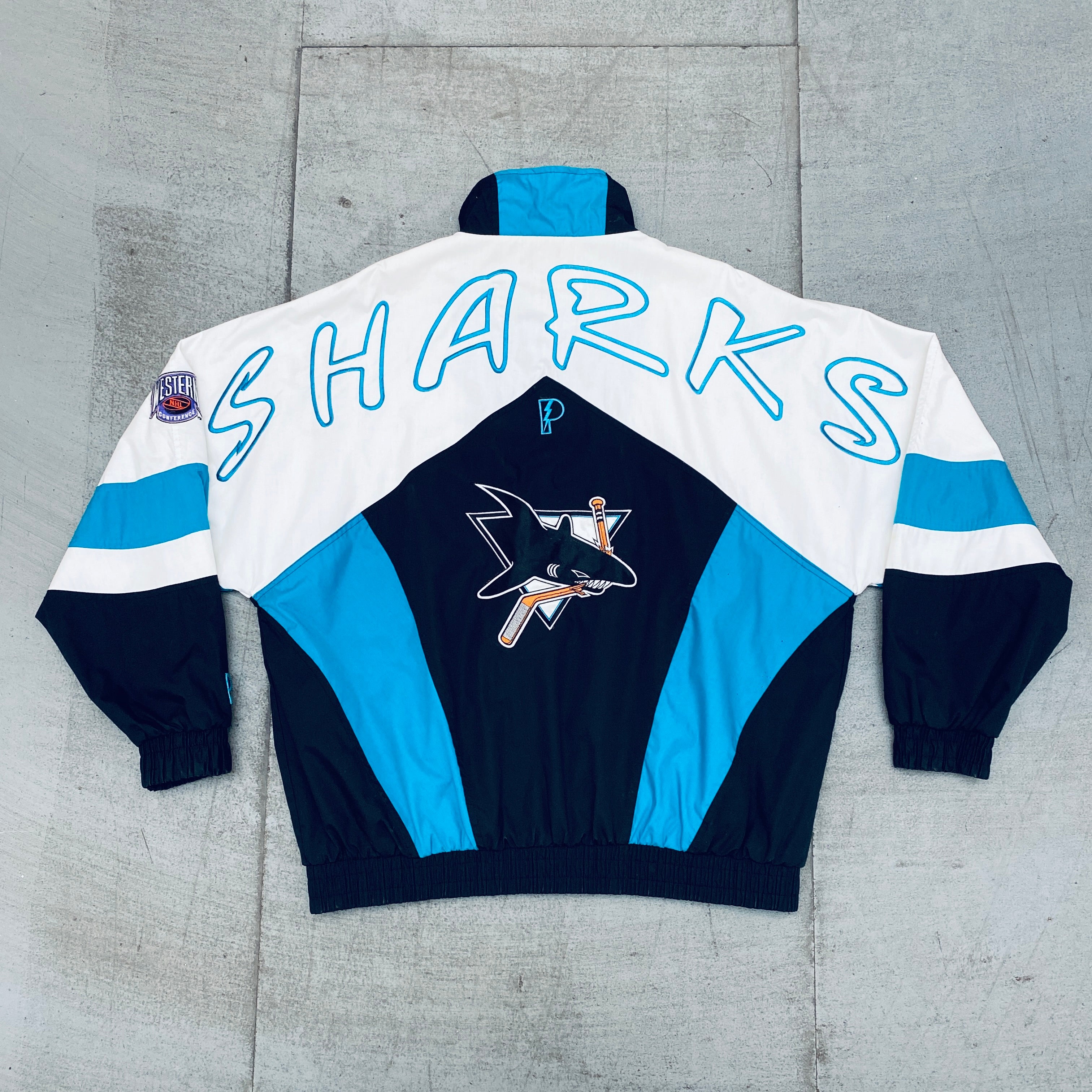 San Jose Sharks 1990s Vintage Pro Player Full Zip Graffiti Spellout Windbreaker Jacket - XL Size for Men | Retro Hockey Fan Gear, Game Day Outfit, Streetwear Fashion