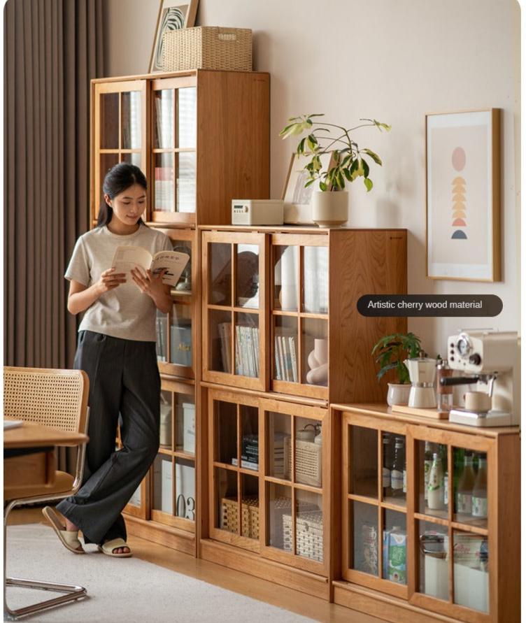 Solid Oak Wood Sliding Door Bookcase - Rustic Bookshelf for Living Room, Bedroom, or Home Office Storage