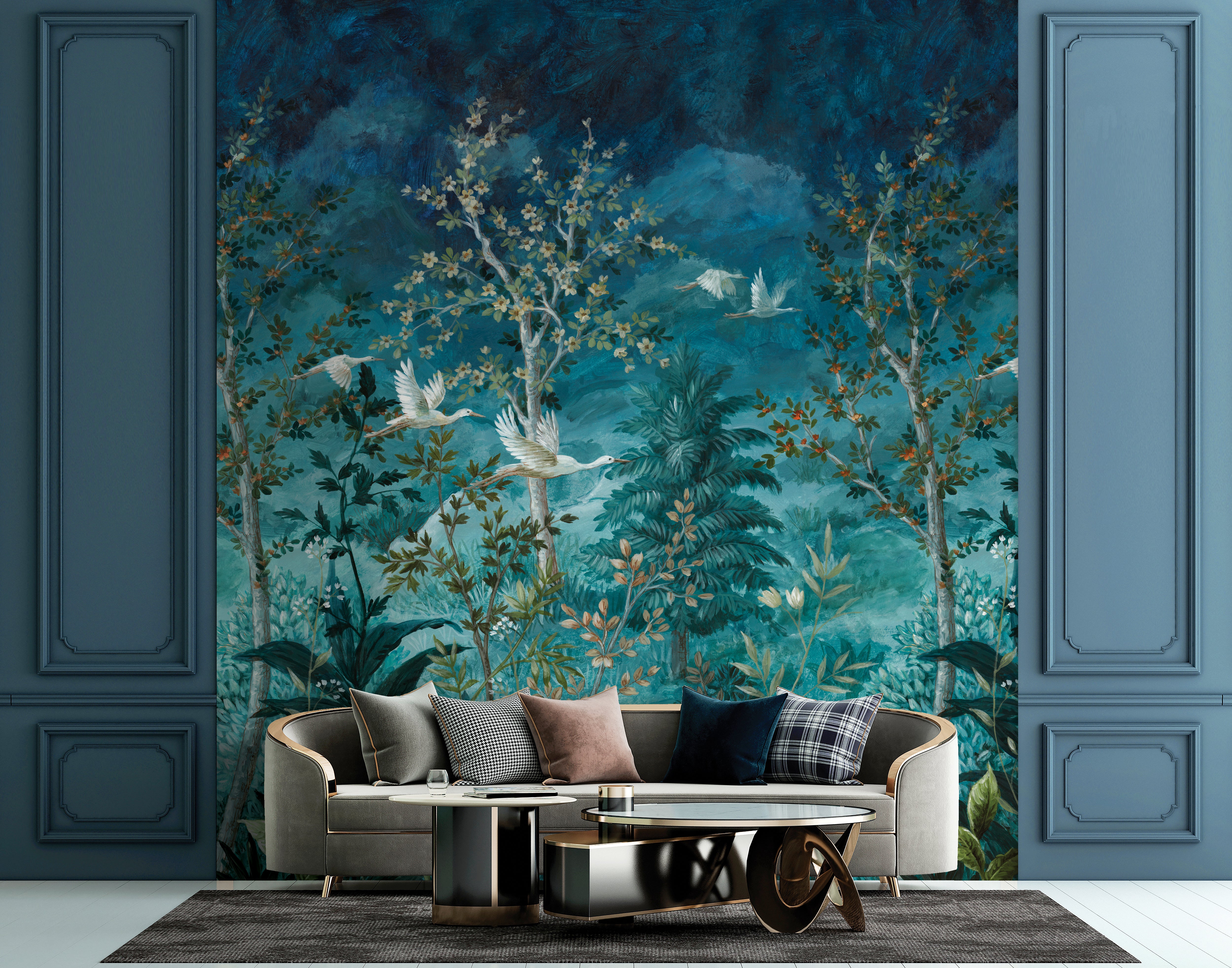 Blue Towering Trees and Midnight Sky Tropical Wallpaper RM9010 - Nature-Inspired Peel & Stick Wall Mural for Bedroom, Living Room, and Office Decor