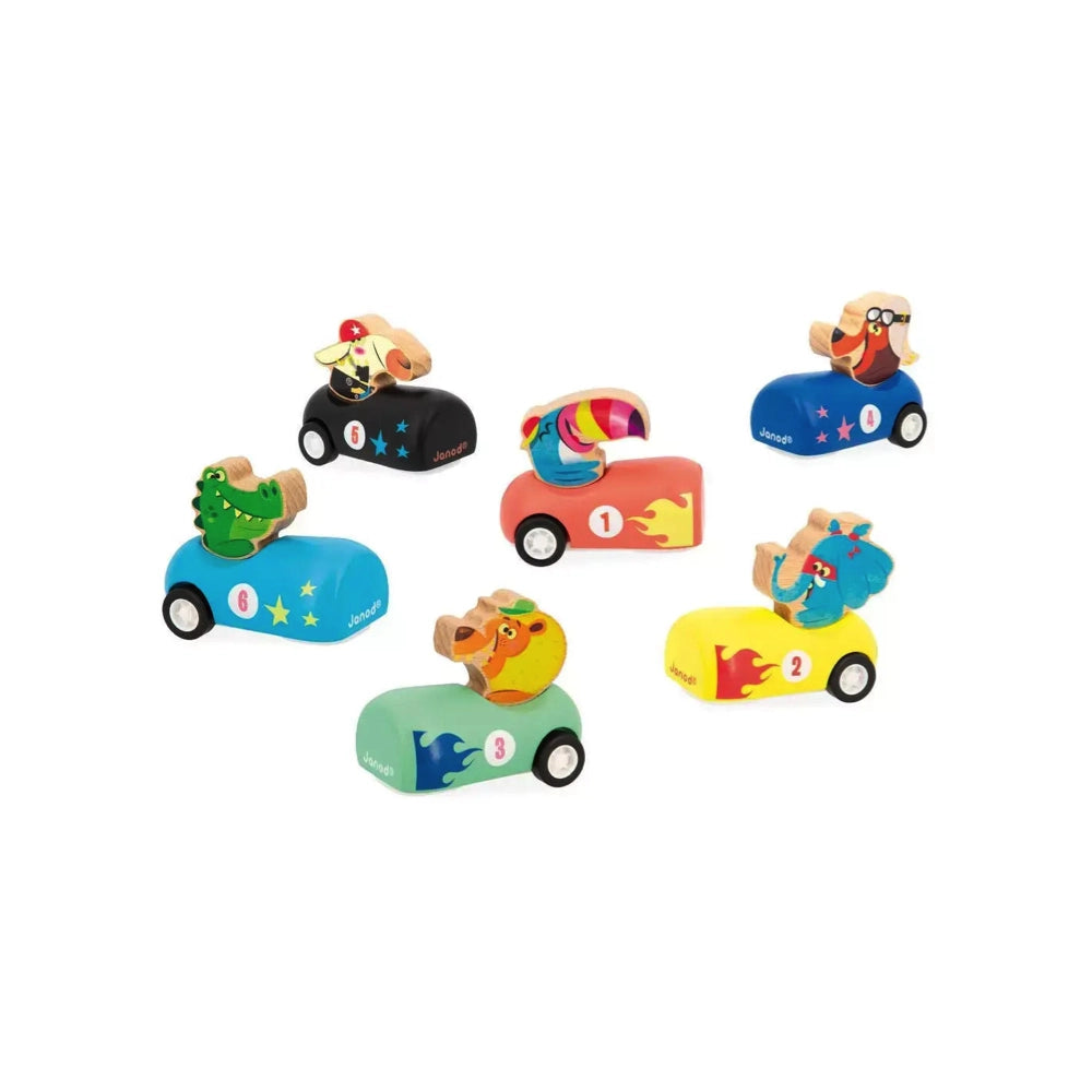Janod Applepop Pull Back Car - Assorted Colors, Wooden Toy Car for Kids Ages 1-3 | Fun Educational Push & Go Vehicle for Toddlers - Perfect for Indoor Play, Birthday Gifts & Early Learning Activities