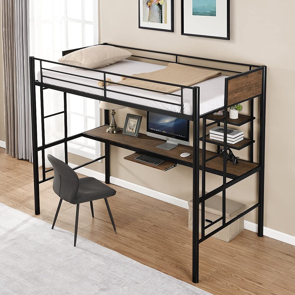Twin Size Metal Bunk Bed Frame with Bilateral Ladders, Safety Guardrails, Built-in Desk & Bookcase - Space-Saving Loft Bed with Keyboard Tray for Kids & Teens | Perfect for Small Bedrooms, Dorms & Shared Kids' Rooms