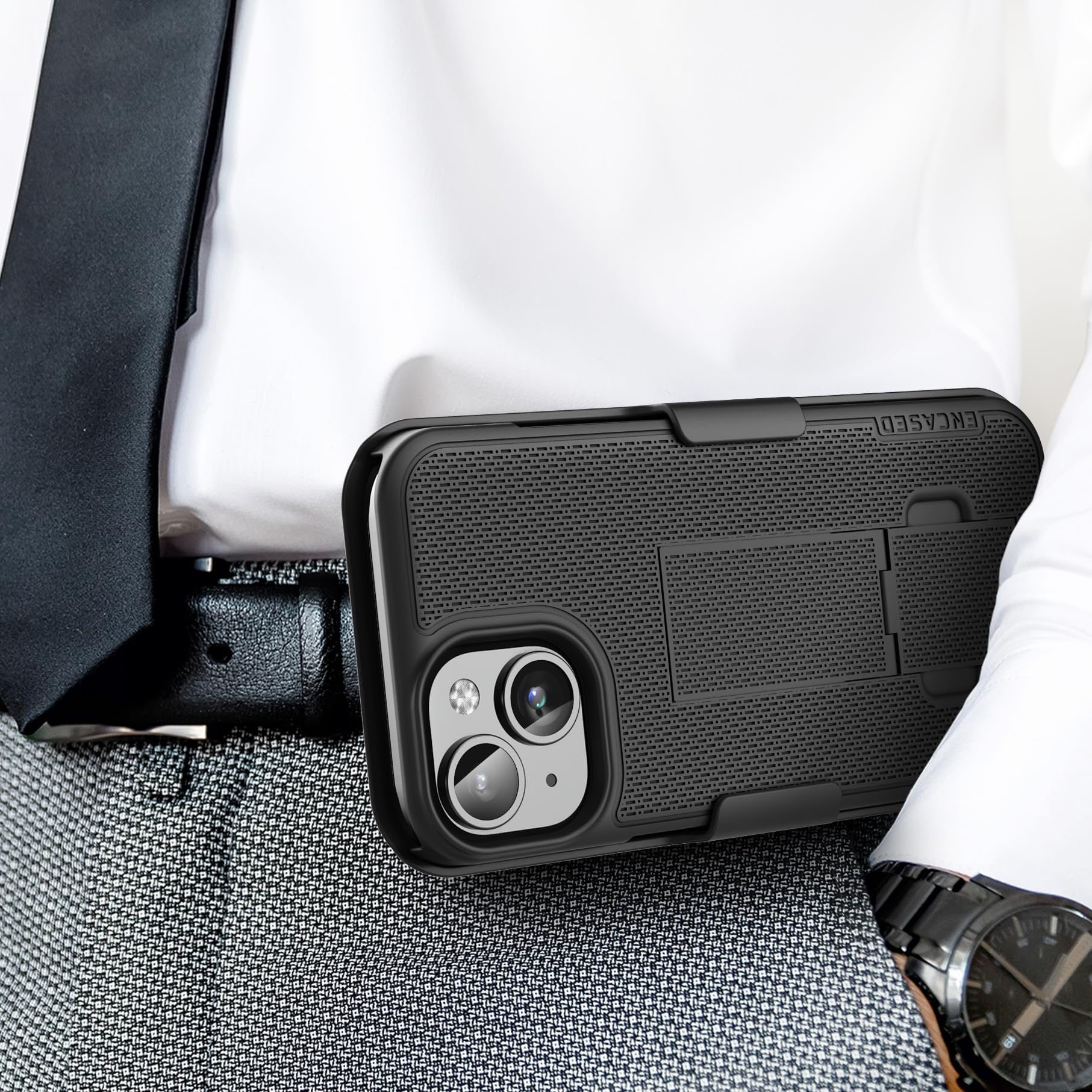 Durable iPhone 15 Case with Belt Clip Holster & Tempered Glass Screen Protector - Matte Black | Perfect for Construction, Outdoor Work & Active Lifestyles