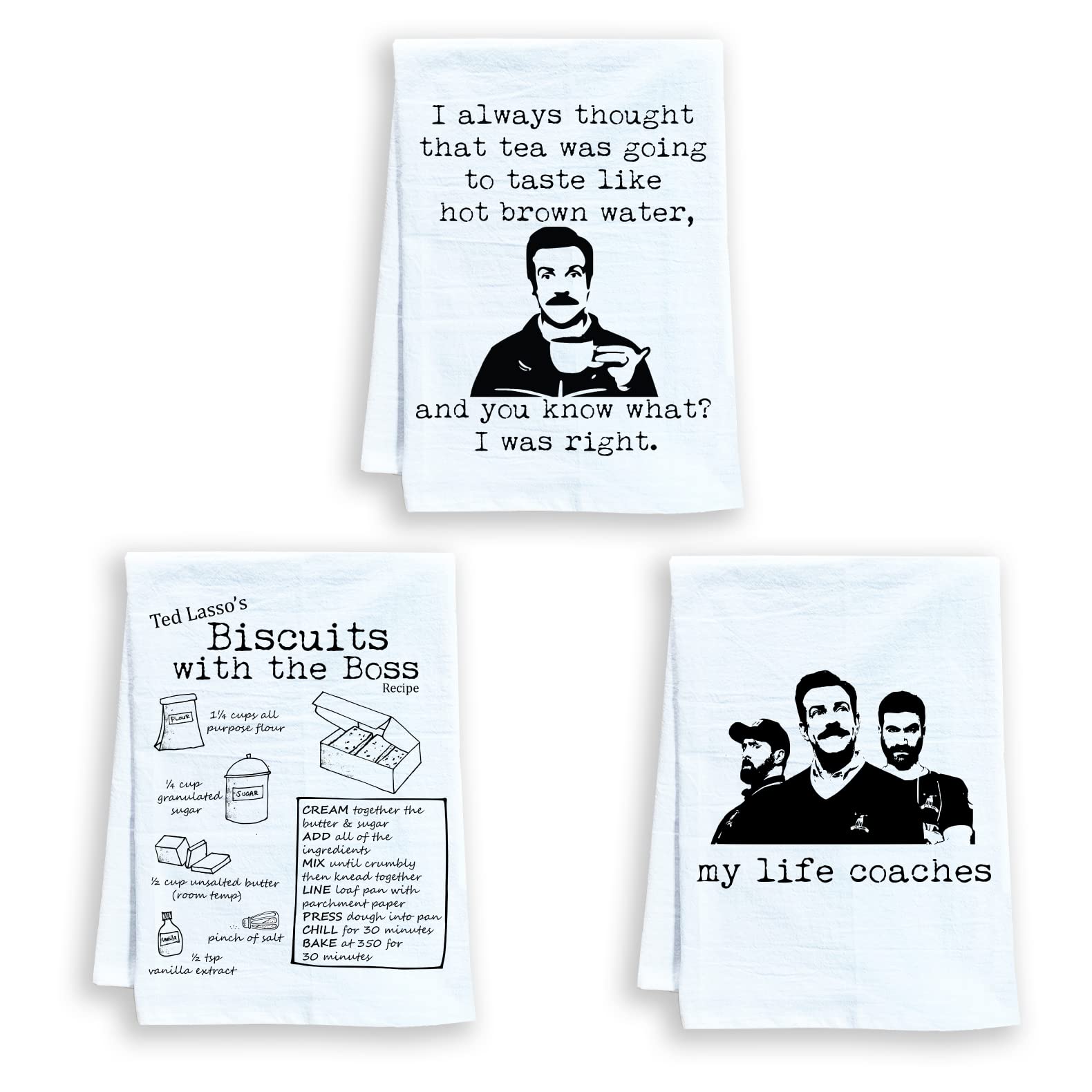 Moonlight Makers Funny Dish Towels Set of 3 - Absorbent Flour Sack Kitchen Towels for Cooking & Cleaning - Housewarming Gift & Farmhouse Decor (Life Coaches, Biscuits With The Boss, Hot Brown Water) - Perfect for Kitchens, Gifts & Country Style Homes