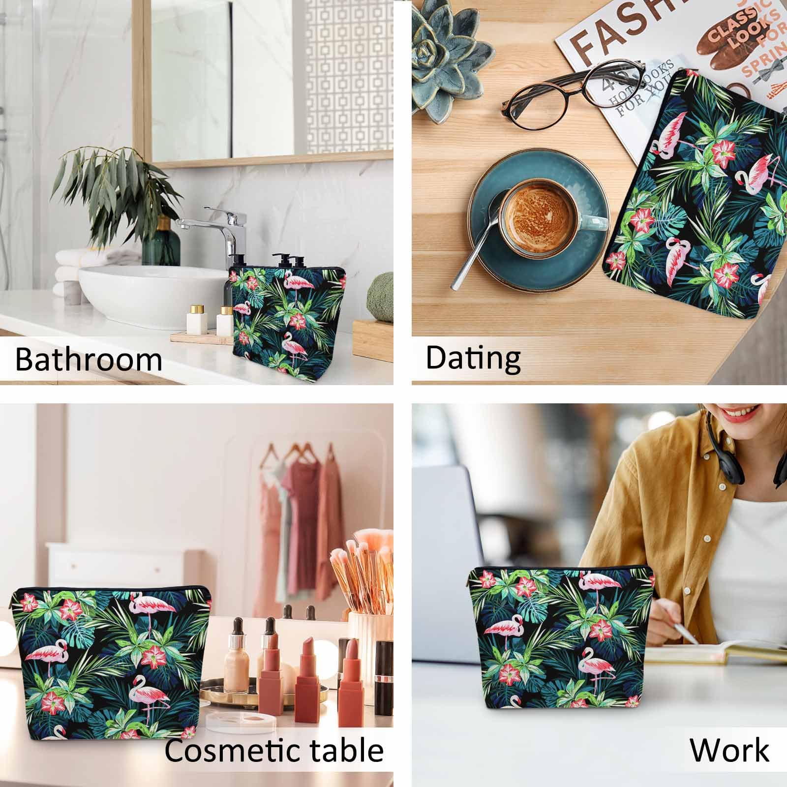 Flamingo Pink Makeup Bag for Women - Tropical Palm Leaves & Hibiscus Cosmetic Travel Organizer with Zipper, Waterproof Toiletry Pouch - Perfect for Travel, Beach Vacation & Daily Cosmetics Storage