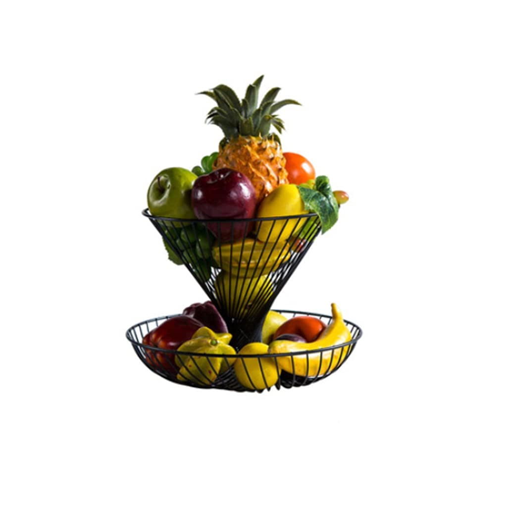 Stylish Black Wrought Iron Fruit Basket - Double Tier Metal Fruit Display Stand for Kitchen, Dining Room & Living Room Decor | Durable & Elegant Home Organizer