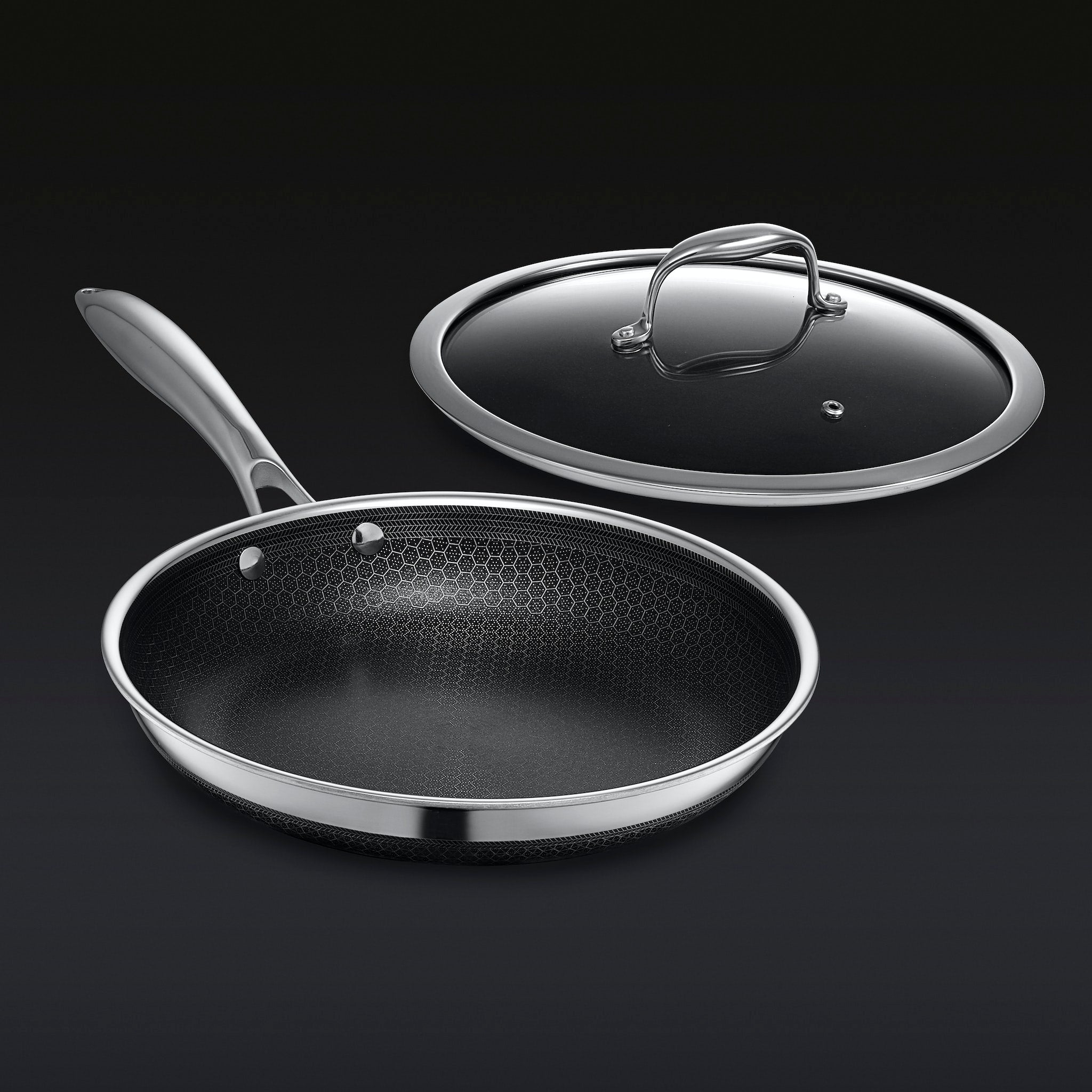 HexClad 25cm Hybrid Stainless Steel Frying Pan with Lid - Nonstick, Induction Compatible, Oven Safe - Perfect for Searing, Sautéing & Everyday Cooking