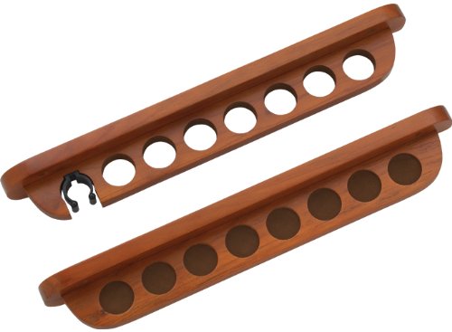 Premium 7-Pool Cue Wall Mount Rack - Stained Wood Display Stand with Secure Clip Holder for Bridge Cue - Perfect for Billiards Room, Game Room, and Home Bar Decor