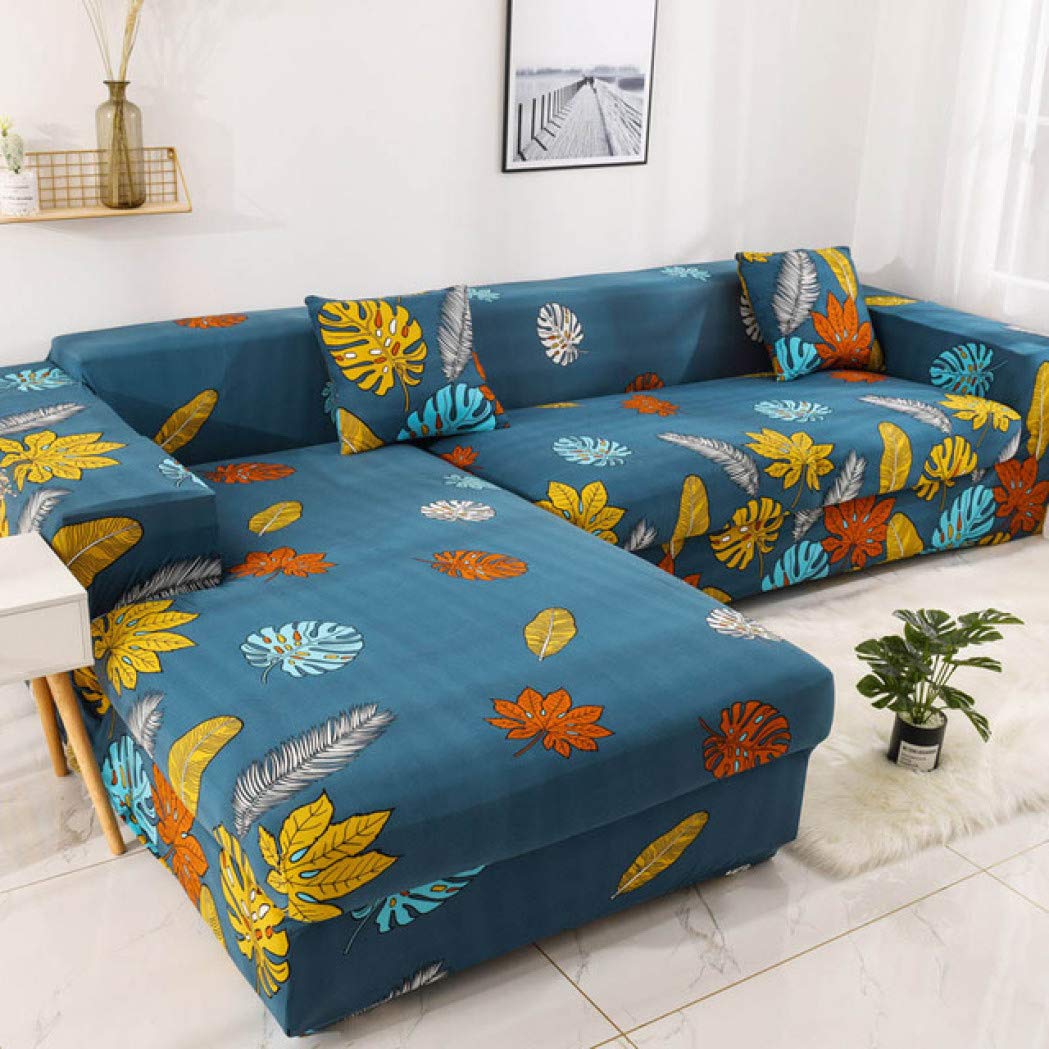 Stylish Leaf Print Blue Elastic Sectional Sofa Cover - Stretchable Tight Fit Slipcover for L-Shaped Couch - Perfect for Living Room, Family Room & Home Decor