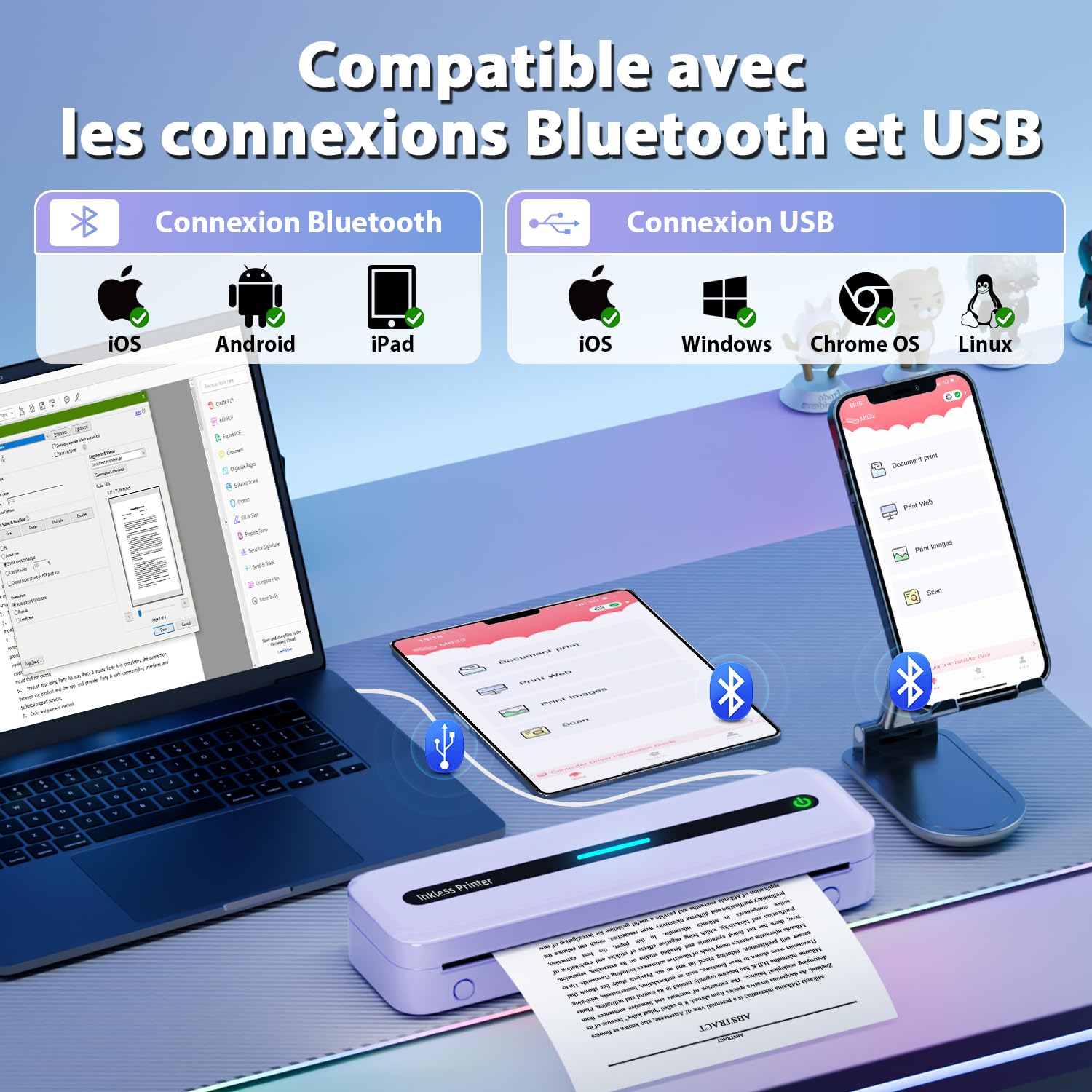 ASprink M832 Portable Bluetooth Thermal Printer - Compact A4/110mm/80mm/53mm/US Paper Size Compatible - Wireless Printing for Android & iOS - Purple - Ideal for Shipping Labels, Receipts & Barcode Printing
