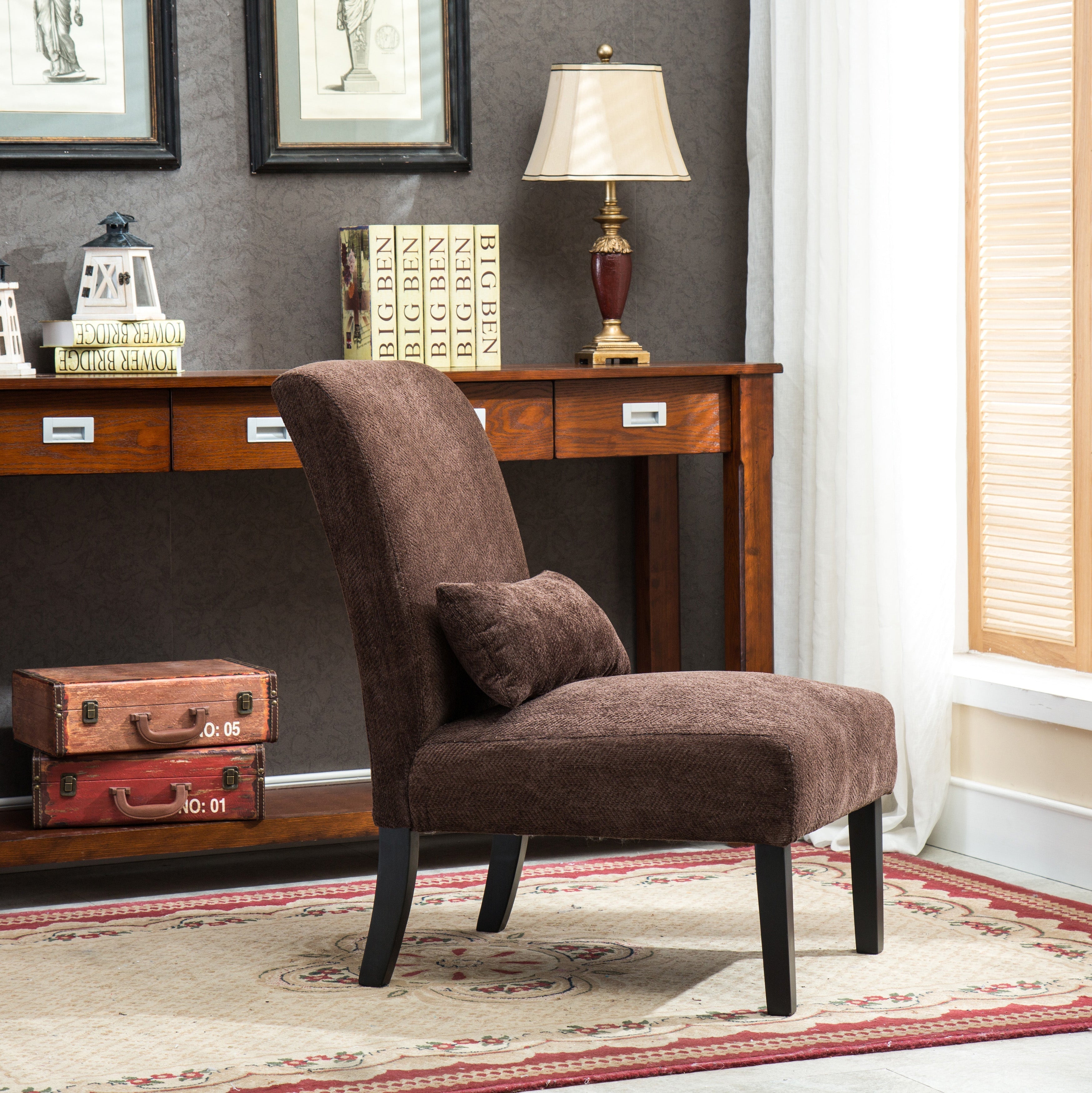Roundhill Furniture Pisano Chenille Fabric Armless Contemporary Accent Chair with Matching Kidney Pillow - Modern Living Room Seating for Small Spaces, Home Office & Reading Nook