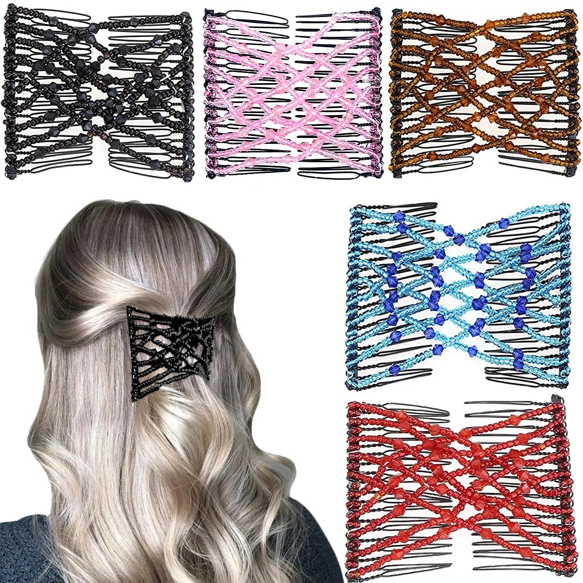 5-Pack Stretchy Magic Hair Combs - Elastic Double Comb Hair Forks & Clips for Women & Girls - Vintage Style Multipurpose Hair Accessories (Black, Coffee, Pink, Red, Blue) - Perfect for Updos, Ponytails & Everyday Hairstyles