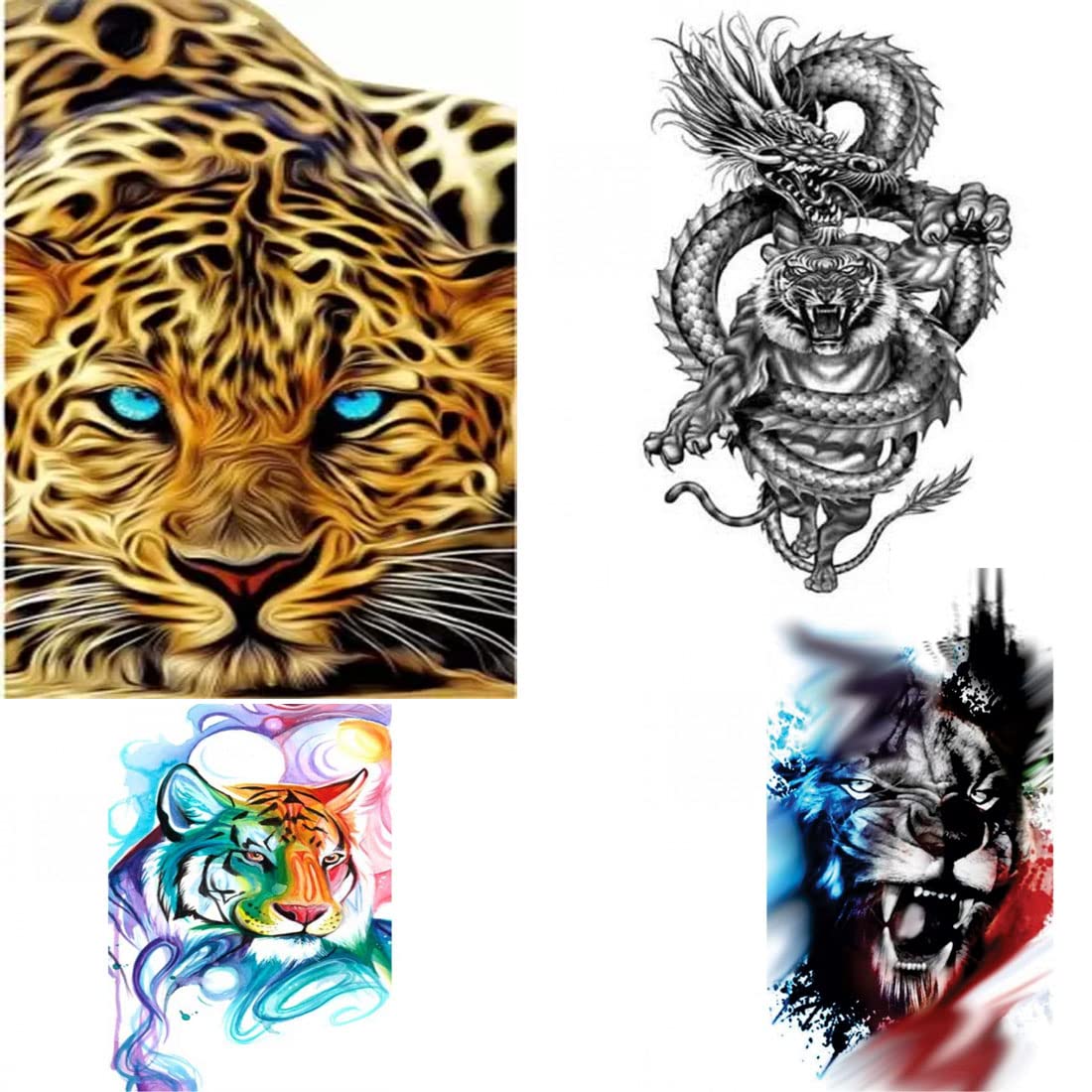 Premium Waterproof Temporary Tattoos for Men & Women - Tiger & Dragon Design Set of 4 - Perfect for Parties, Festivals, and Body Art Enthusiasts