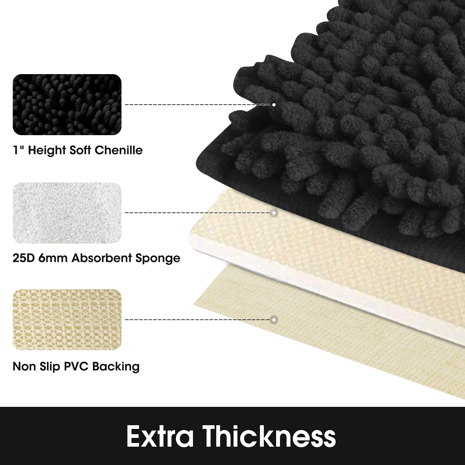 Ultra Soft & Absorbent Non-Slip Bathroom Rug Runner - 20x60 Inch Chenille Plush Shower Carpet for Bath Mats, Machine Washable, Black - Perfect for Bathroom Floor, Shower Entrance & Vanity Area