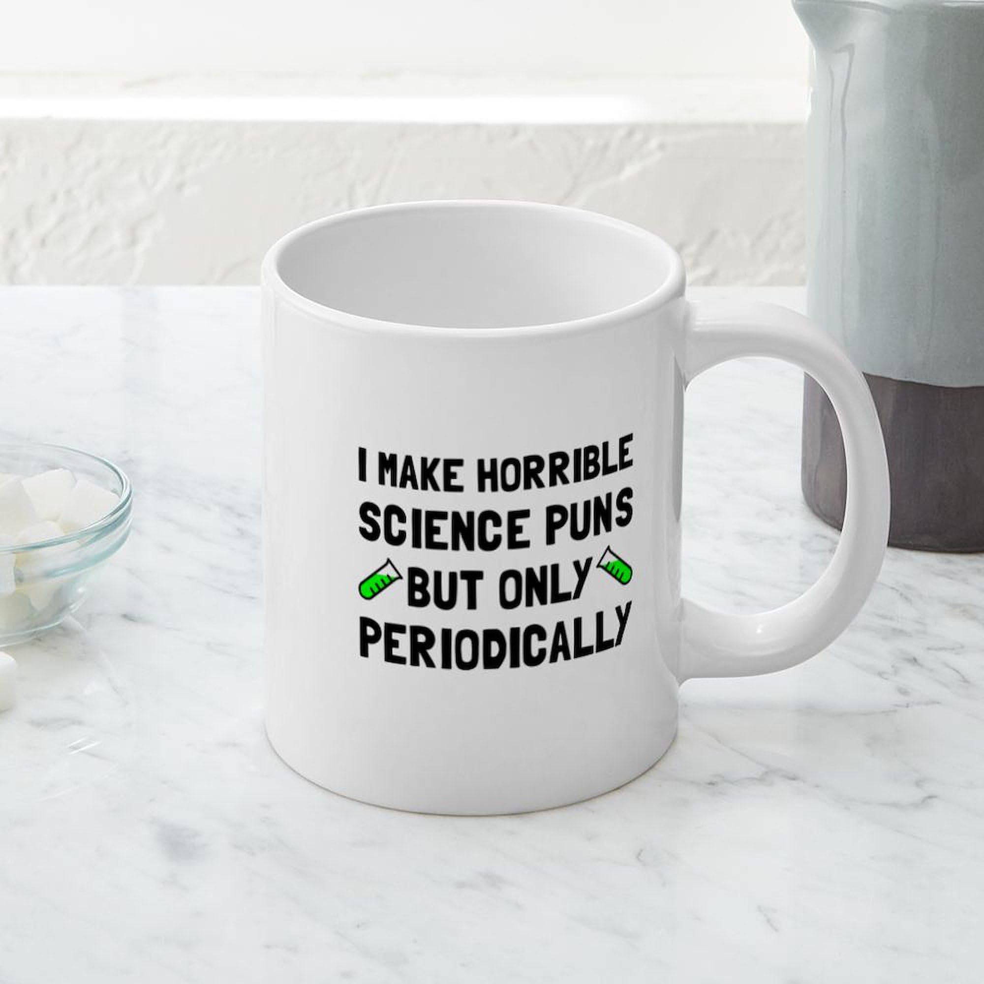 Science Puns Periodically Mugs - 20 oz Large Ceramic Coffee Cup with Funny Chemistry Jokes - Perfect for Scientists, Teachers & Nerdy Gifts (White)