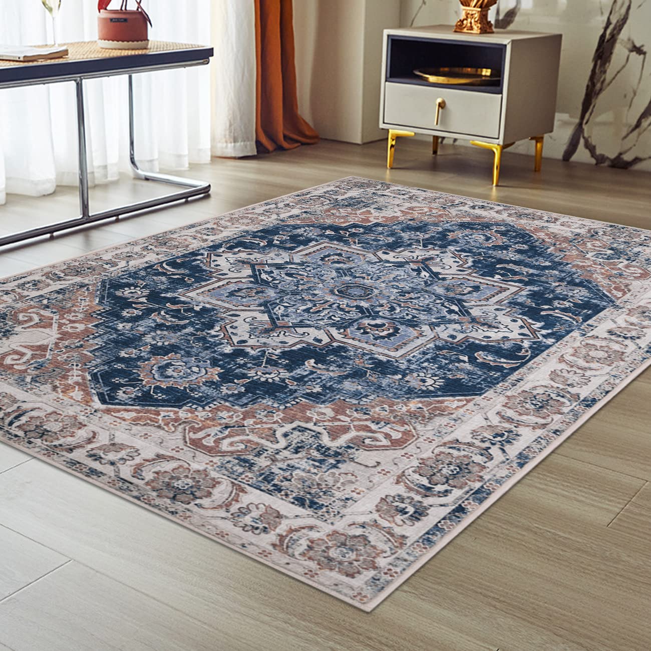 Vintage Bohemian Area Rug - Non-Slip Traditional Oriental Rug with Distressed Floral Medallion Design | Perfect for Entryway, Bedroom, Bathroom & Kitchen Decor | Green 4'x6' Accent Throw Carpet | Ideal for Boho, Farmhouse & Eclectic Home Styles