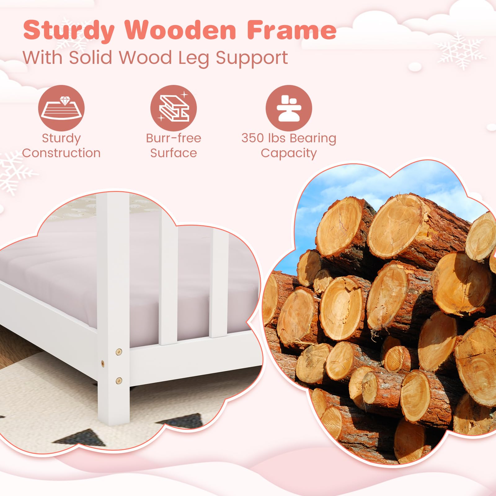 **KOMFOTT Twin Wood House Bed for Kids – Low Profile Floor Bed Frame with Roof, Headboard & Footboard – Montessori Tent Bed for Toddlers, Boys & Girls – No Box Spring Needed – White – Perfect for Playrooms, Bedrooms & Montessori Learning Spaces**