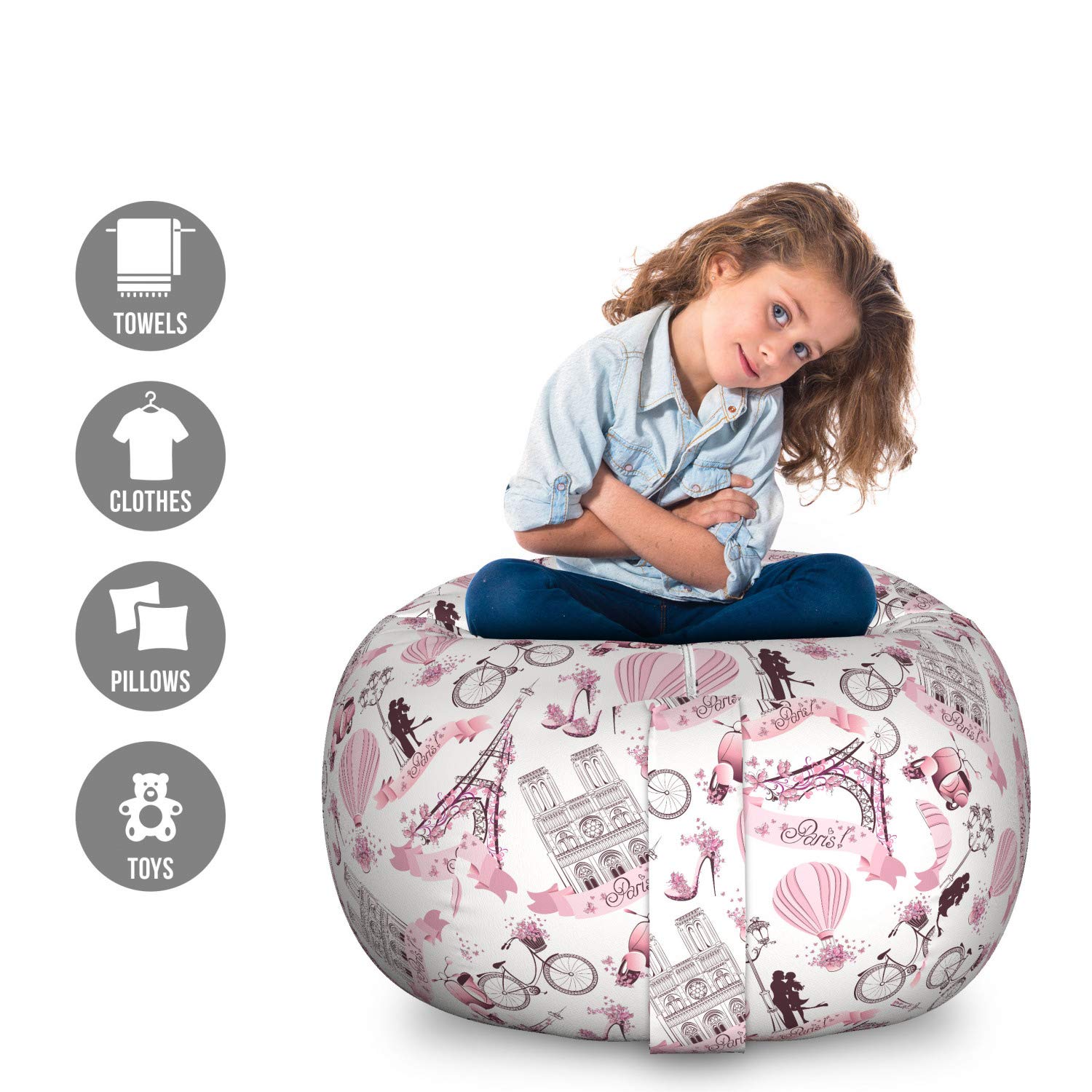 Ambesonne Eiffel Tower Storage Toy Bag Chair - Paris French Theme Stuffed Animal Organizer with Romantic Pink Blossoms Design, Large Washable Fabric Bean Bag for Kids Room, Nursery or Playroom - Perfect for Toy Storage, Reading Nook and Home Decor
