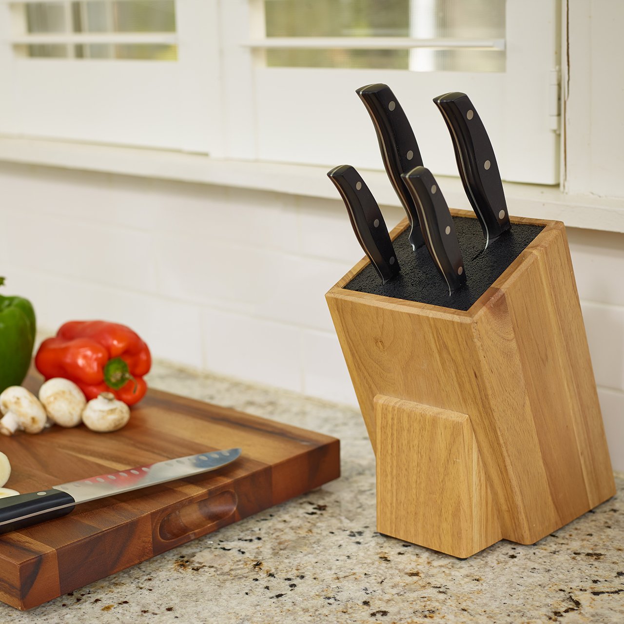 Premium Light Oak Woodgrain Dice Knife Block Set - 6 Slot Knife Holder for Kitchen Countertop - Perfect for Chefs & Home Cooks Organizing Knives Safely