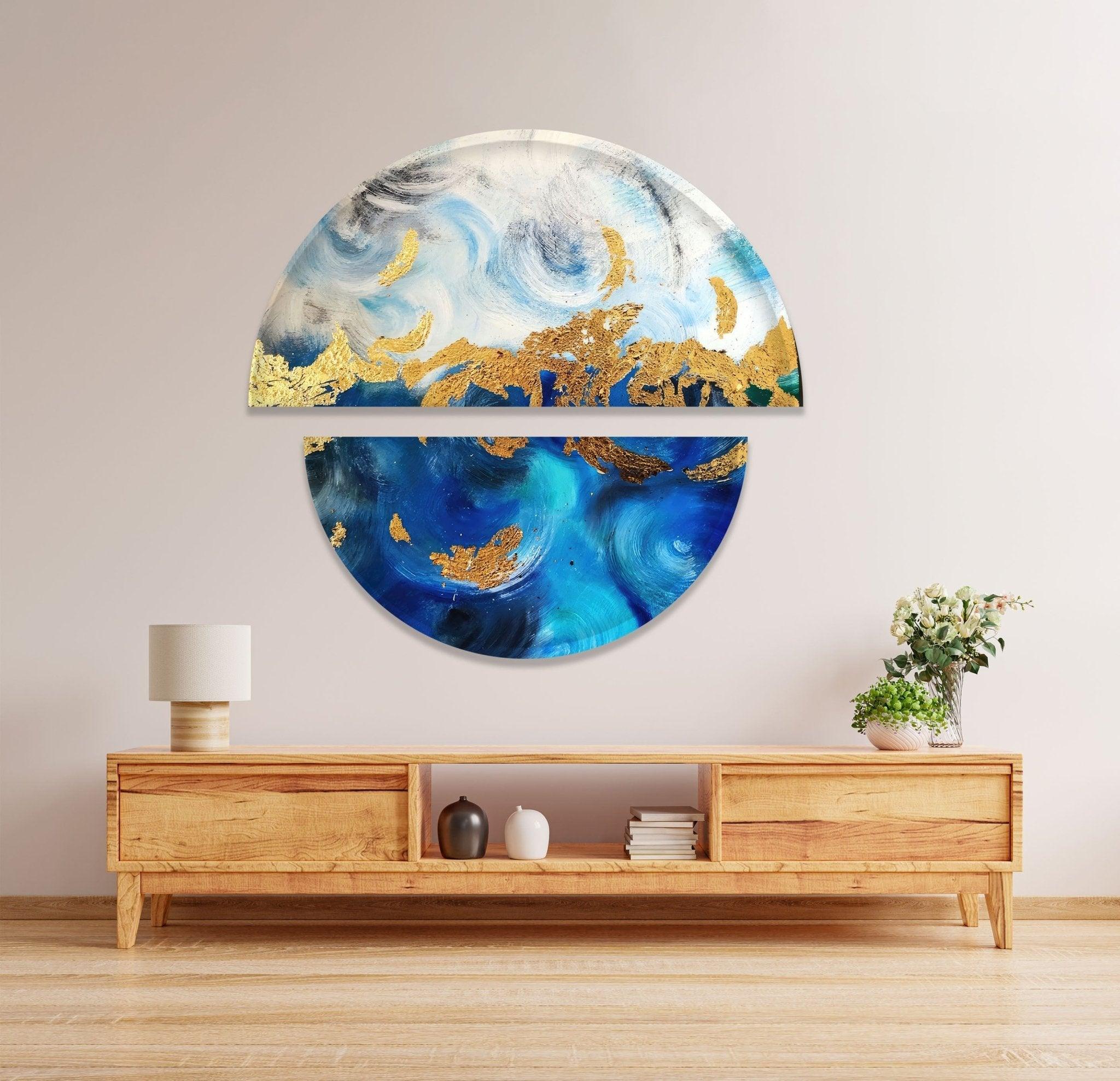 2 Piece Blue and Gold Abstract Glass Wall Art Set - Modern Home Decor for Living Room, Bedroom, or Office