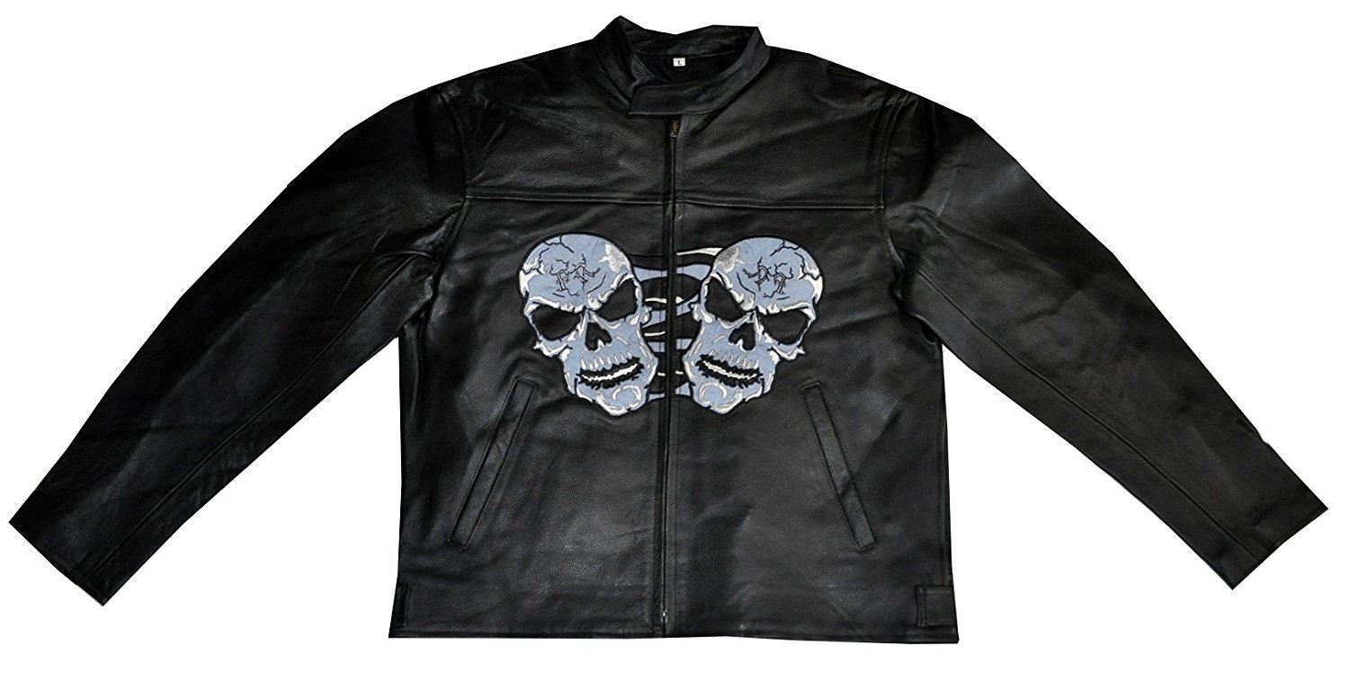 Men's Genuine Leather Motorcycle Jacket with Skull Embroidery - Biker Style, Durable & Comfortable for Riding, Cruising & Outdoor Adventures