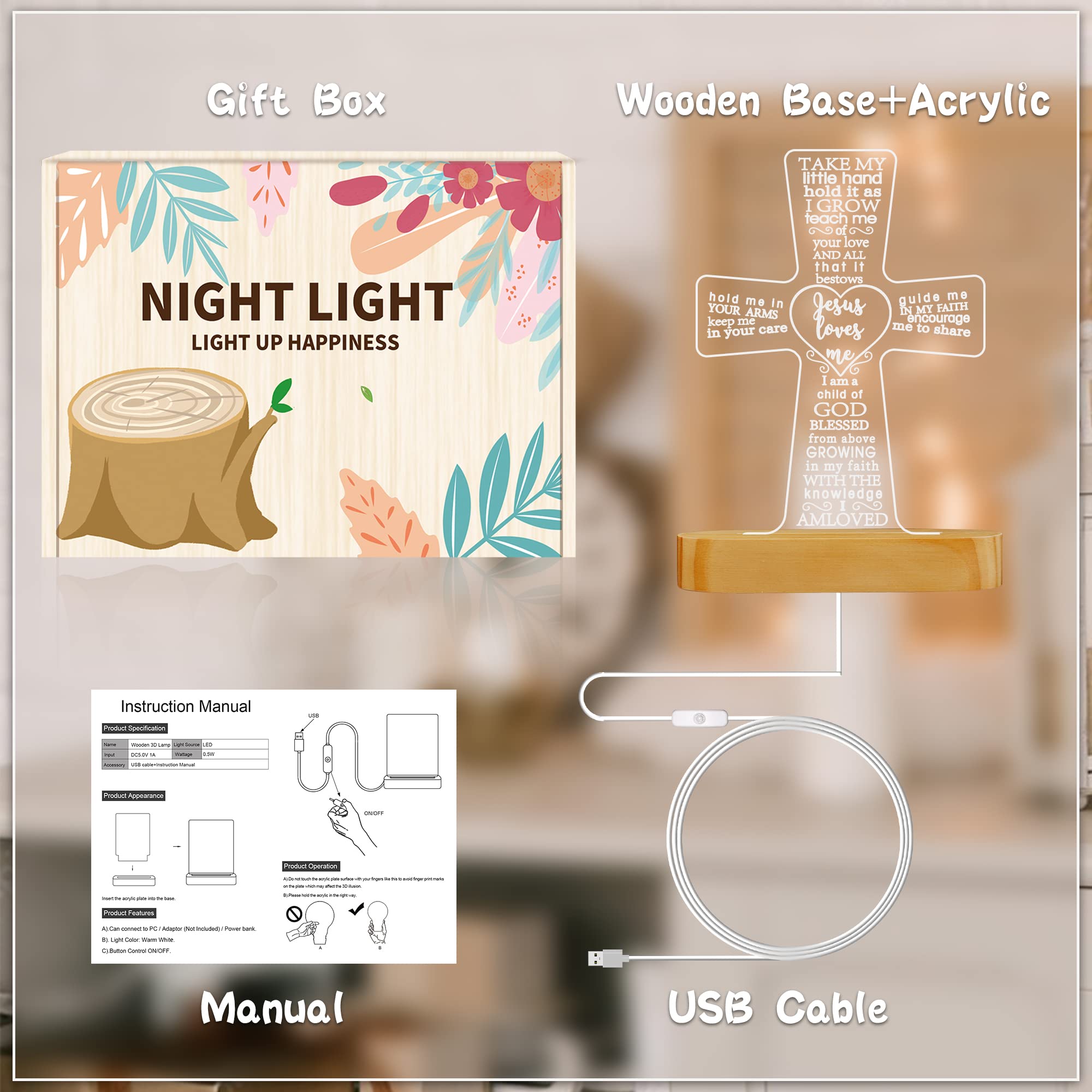 Lampeez Baptism Gift - Wooden Cross Night Light for Kids, USB-Powered Illusion Lamp for Bedroom Decor, Christening & Dedication Gift for Boys & Girls | Perfect for Nursery, Kids' Room & Holiday Decorations