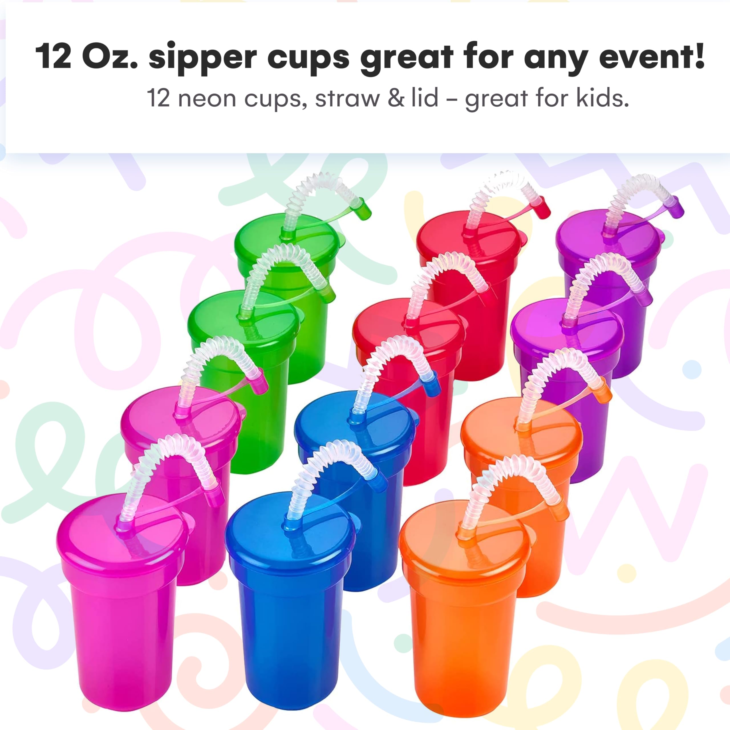 Kicko Neon Sipper Cups - 12 Pack, 5.5 Inch 12 Oz Colorful Plastic Cups with Lids & Straws for Kids - Perfect for Birthday Parties, School Events, Poolside Drinks, and Summer Celebrations
