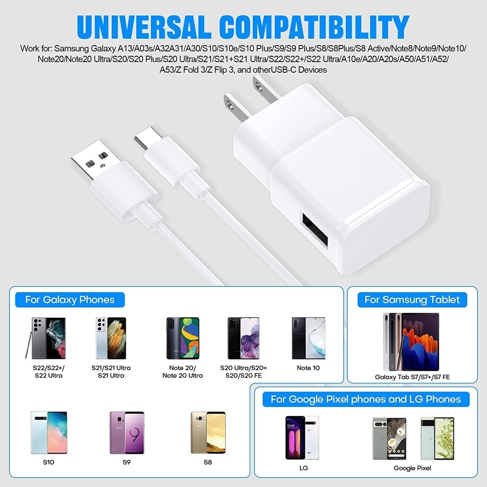6FT USB-C Fast Charger Cable & Wall Adapter for Samsung Galaxy S9/S10/S20/S21/S22/S23/S24/S25 Plus/Ultra/FE, A14/A15/A16/A25/A35/A54/A55/A56 & Note 9/10/20 - Rapid Charging Cord with Power Block for Home, Office & Travel